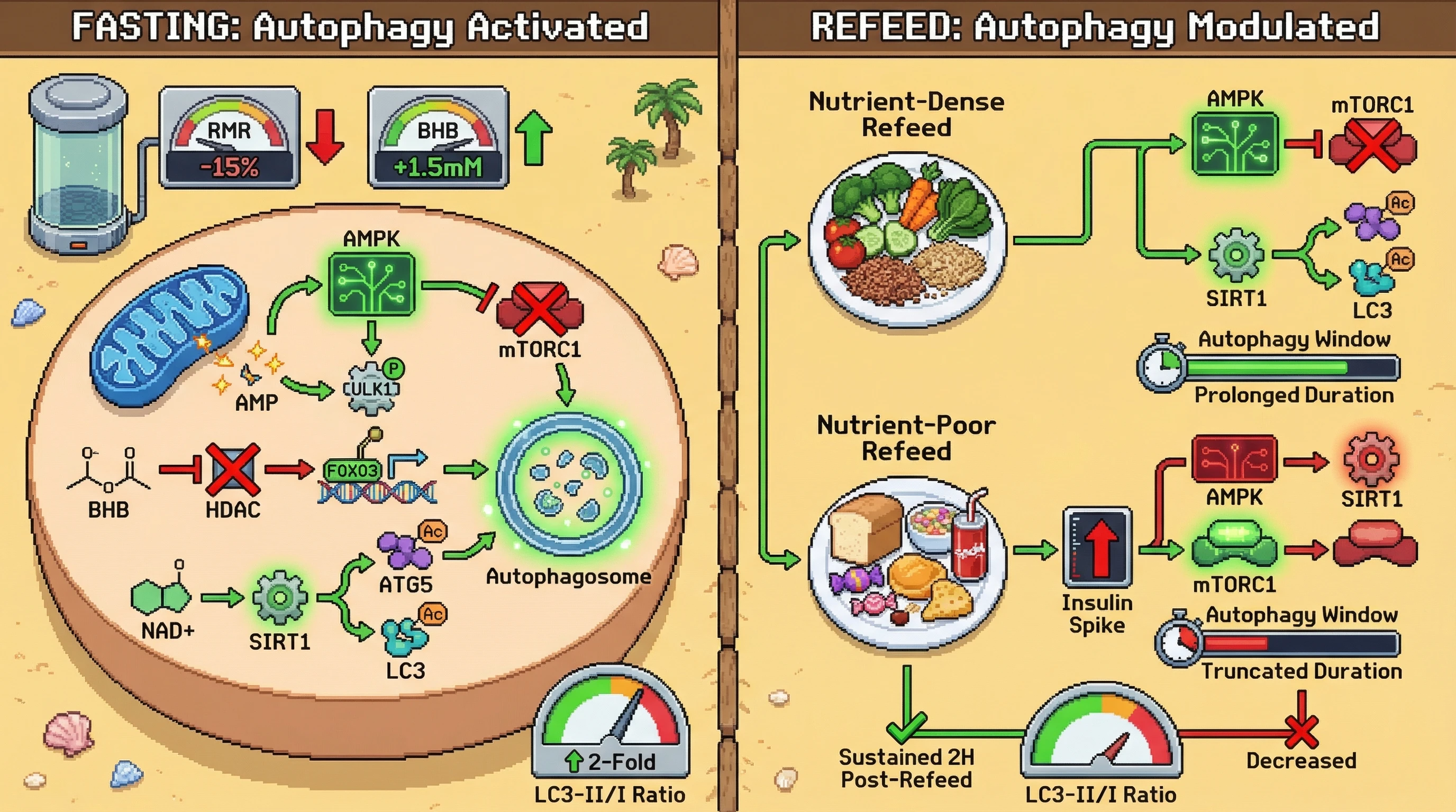 Mechanism: Fasting induces autophagy via AMPK, SIRT1, and BHB-mediated pathways, while nutrient-dense refeeds sustain this effect by controlling mTORC1. Readout: Readout: Autophagy (LC3-II/I ratio) increases 2-fold with fasting criteria and stays elevated longer with nutrient-dense refeeds.