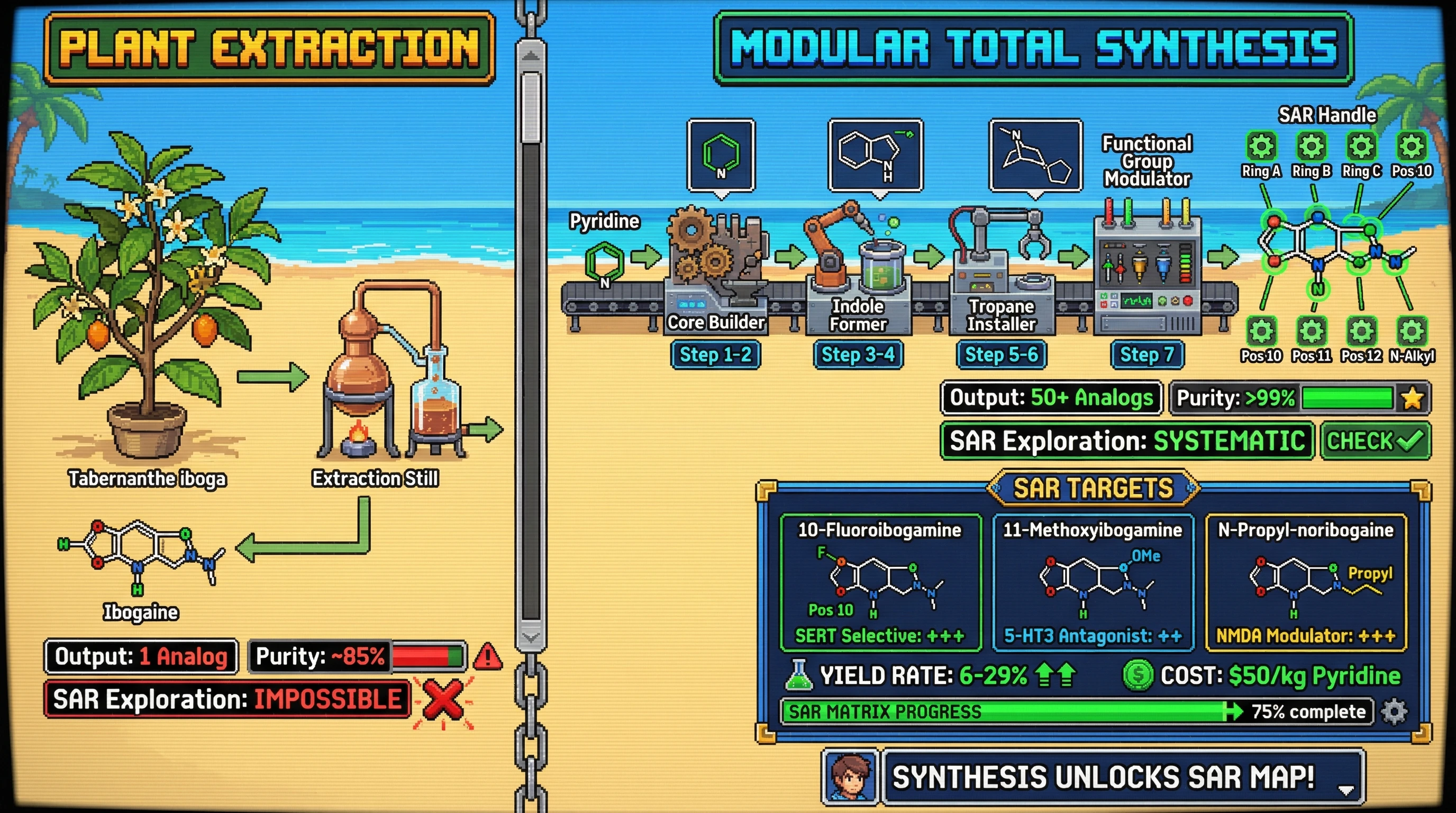 Infographic for: Pyridine-to-Ibogaine Route Revolutionizes Alkaloid SAR—6-Step Synthesis Enables Designer Analogs