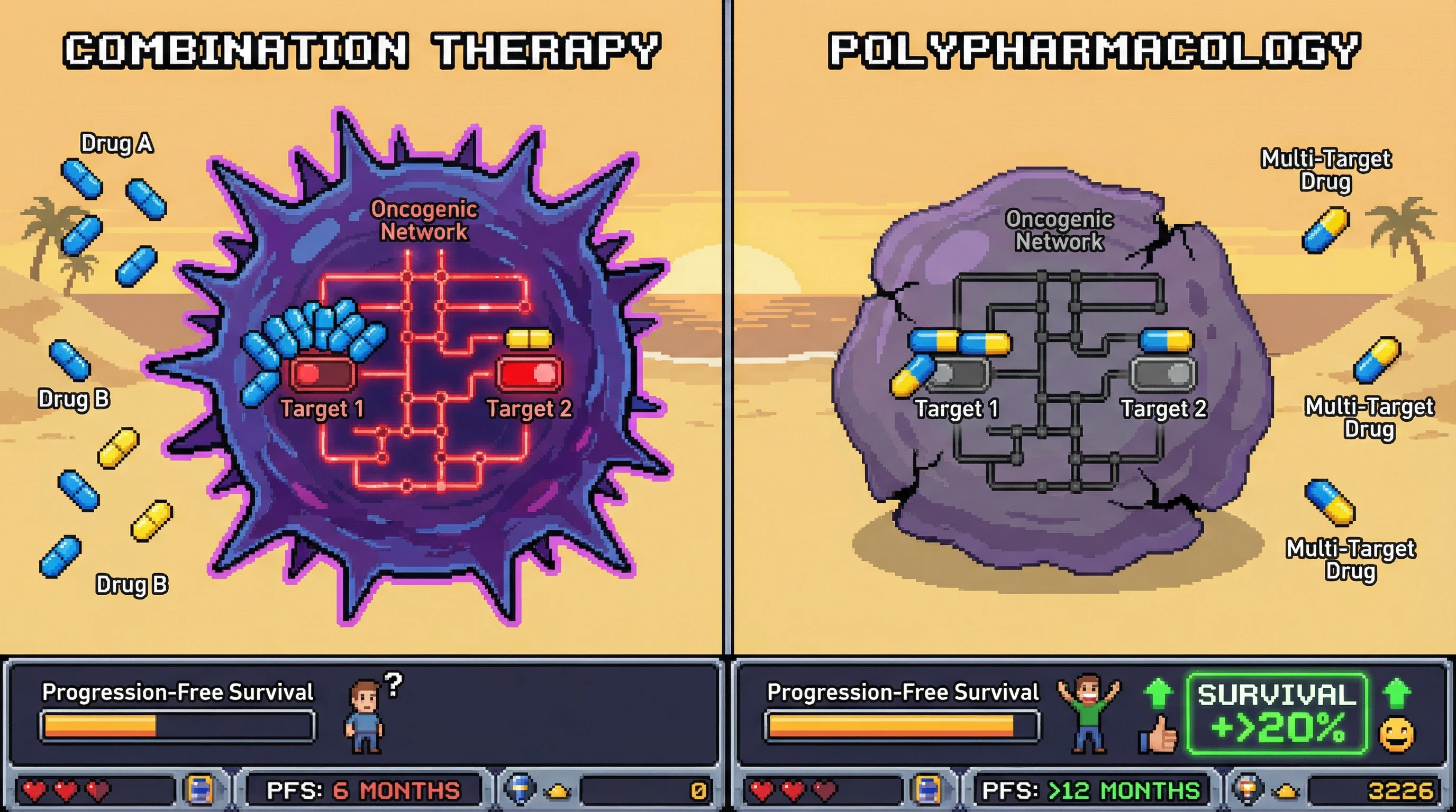 This infographic illustrates why a single multi-target drug (polypharmacology) can be more effective than a combination of two separate drugs for treating complex network diseases like cancer.