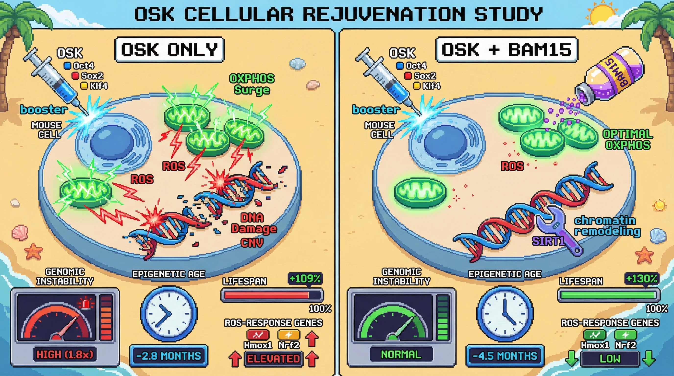 Mechanism: Intermittent OSK pulses combined with mitochondrial uncoupler BAM15 stabilize OXPHOS and reduce genotoxic ROS, allowing enhanced epigenetic remodeling. Readout: Readout: This combination achieves a greater epigenetic age reduction (-4.5 months vs -2.8 months), prevents genomic instability, and extends lifespan by over 130%.