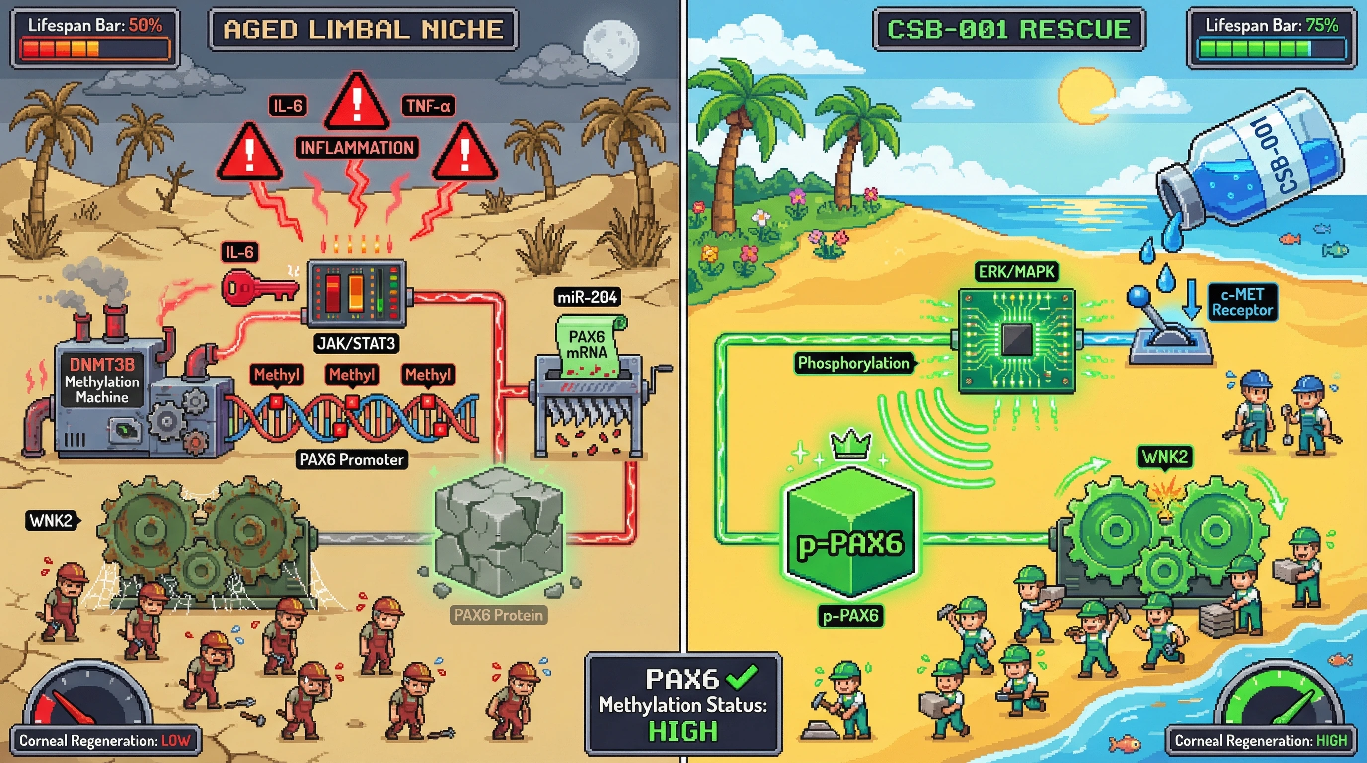 Infographic for: Age‑Related Epigenetic Silencing of PAX6 Drives Limbal Stem Cell Exhaustion via Disrupted PAX6‑WNK2 Signaling and Can Be Rescued by HGF‑Mediated Protein Stabilization