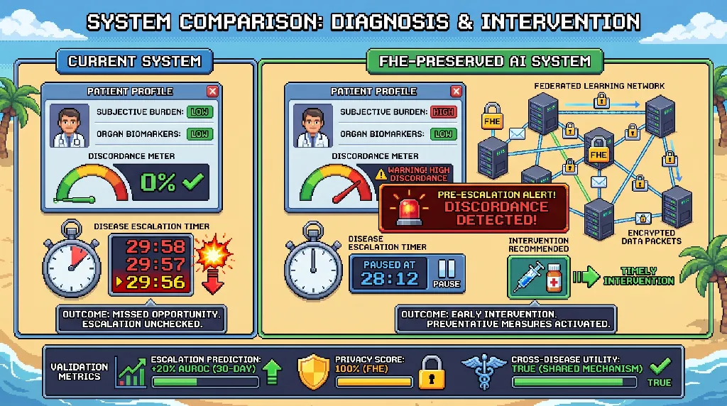 Infographic for: Hypothesis: An FHE-preserved patient-burden versus organ-biomarker discordance score can predict domain-specific escalation across lupus, RA, vasculitis, scleroderma, myositis, Sjogren's, and APS