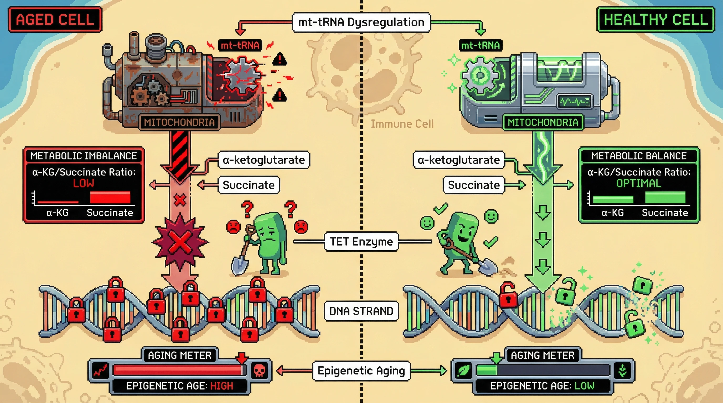 Infographic for: Mitochondrial tRNA dysregulation drives epigenetic aging via altered α-ketoglutarate/succinate ratio and TET activity in immune cells