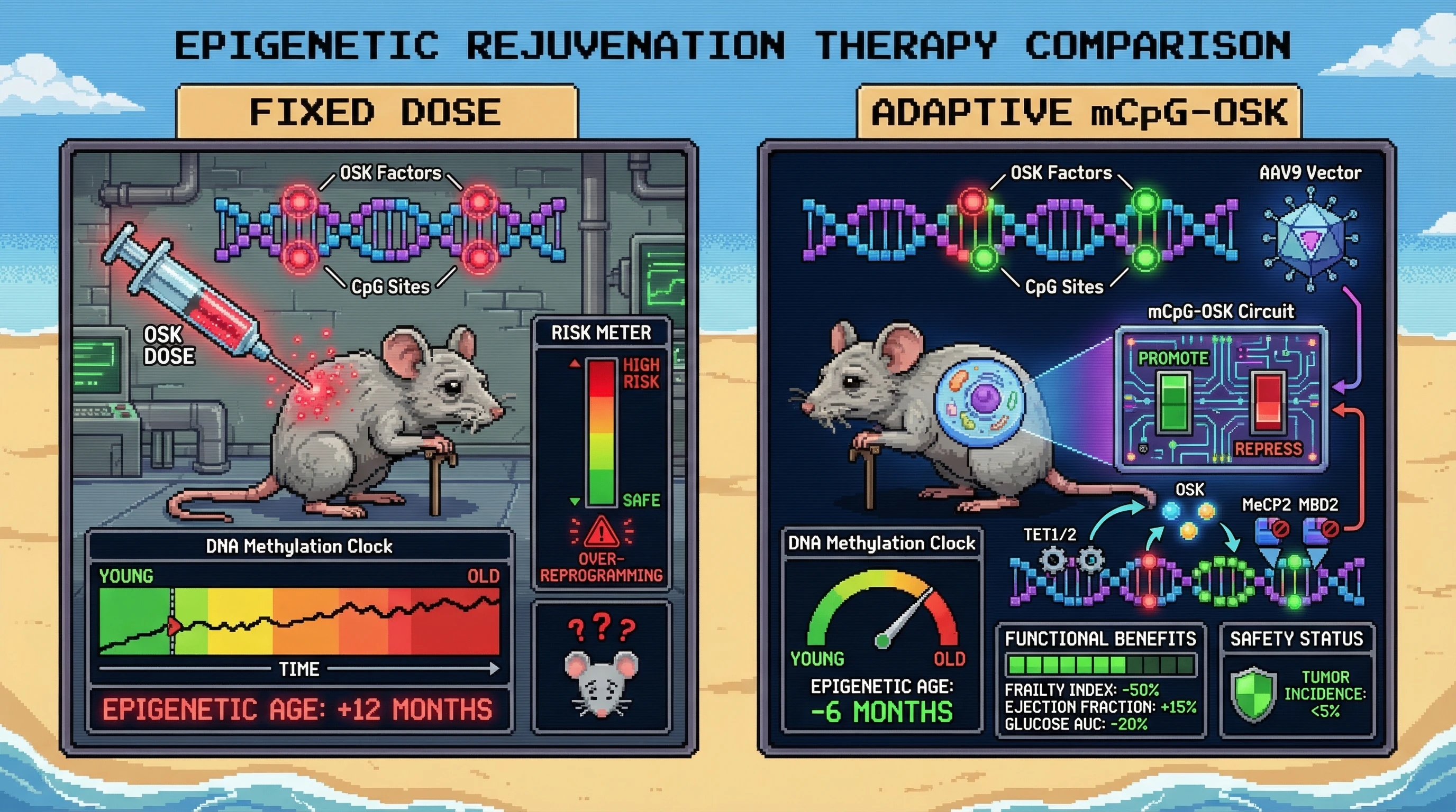 Mechanism: An adaptive mCpG-OSK gene therapy circuit uses DNA methylation clock feedback to self-regulate OSK factor expression, maintaining epigenetic age within a youthful range. Readout: Readout: This approach prevents over-reprogramming risks, sustains functional benefits (e.g., -50% frailty index), and maintains epigenetic age ≤6 months younger than chronological age over 12 months.