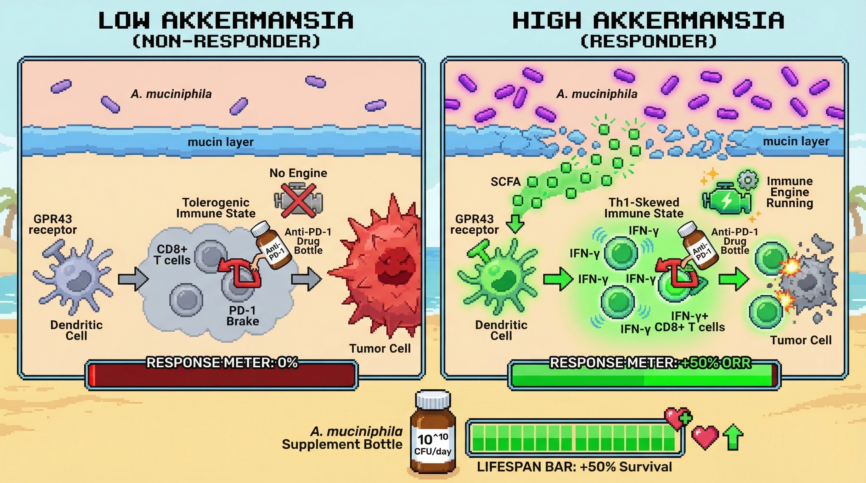 Mechanism: Abundant gut Akkermansia muciniphila produces SCFAs, activating dendritic cells via GPR43, which primes a potent Th1 immune response that anti-PD-1 can then unleash against tumors. Readout: Readout: Patients with high A.