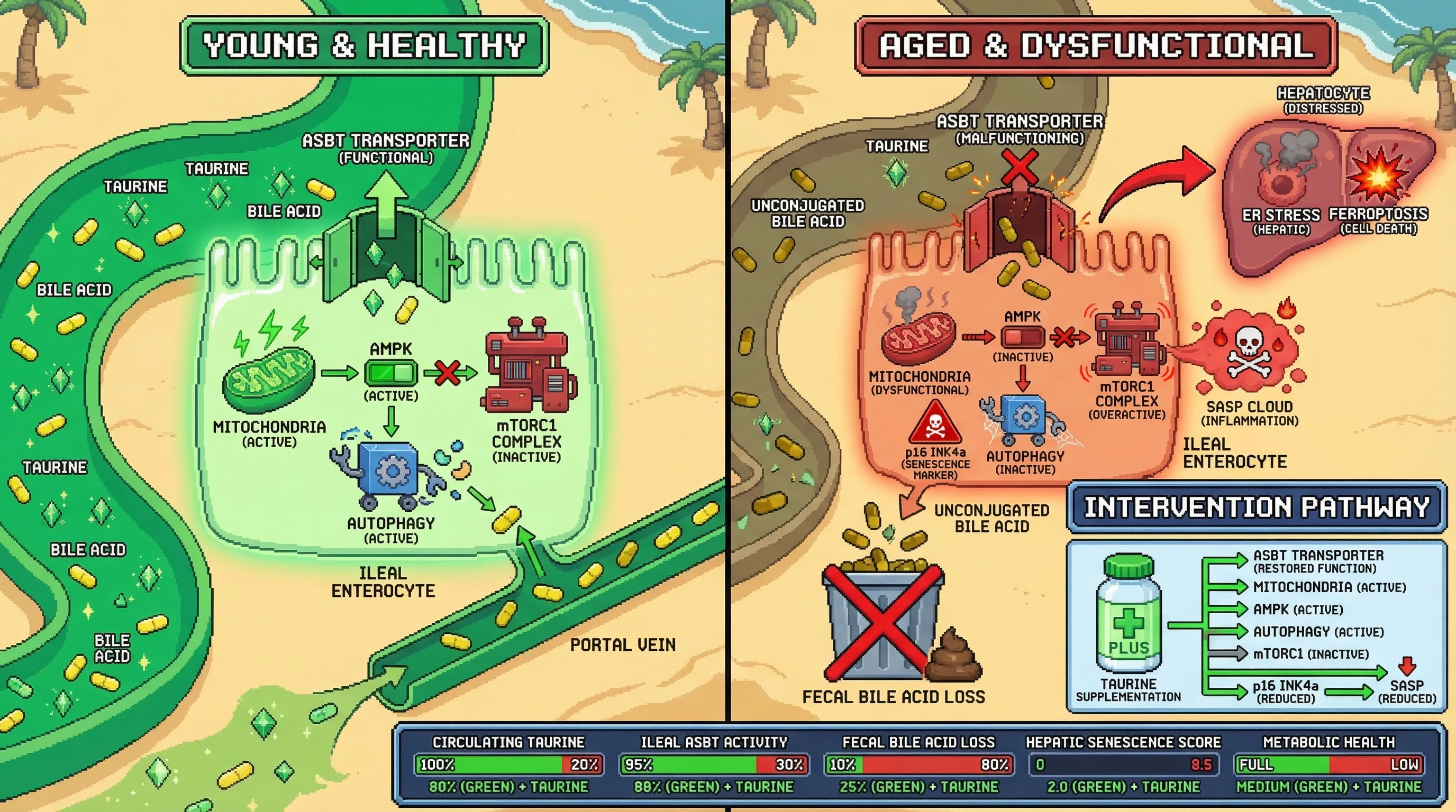 Infographic for: Age‑Related Taurine Depletion Drives Ileal ASBT Dysfunction, Initiating Enterohepatic Axis Failure and Hepatic Senescence