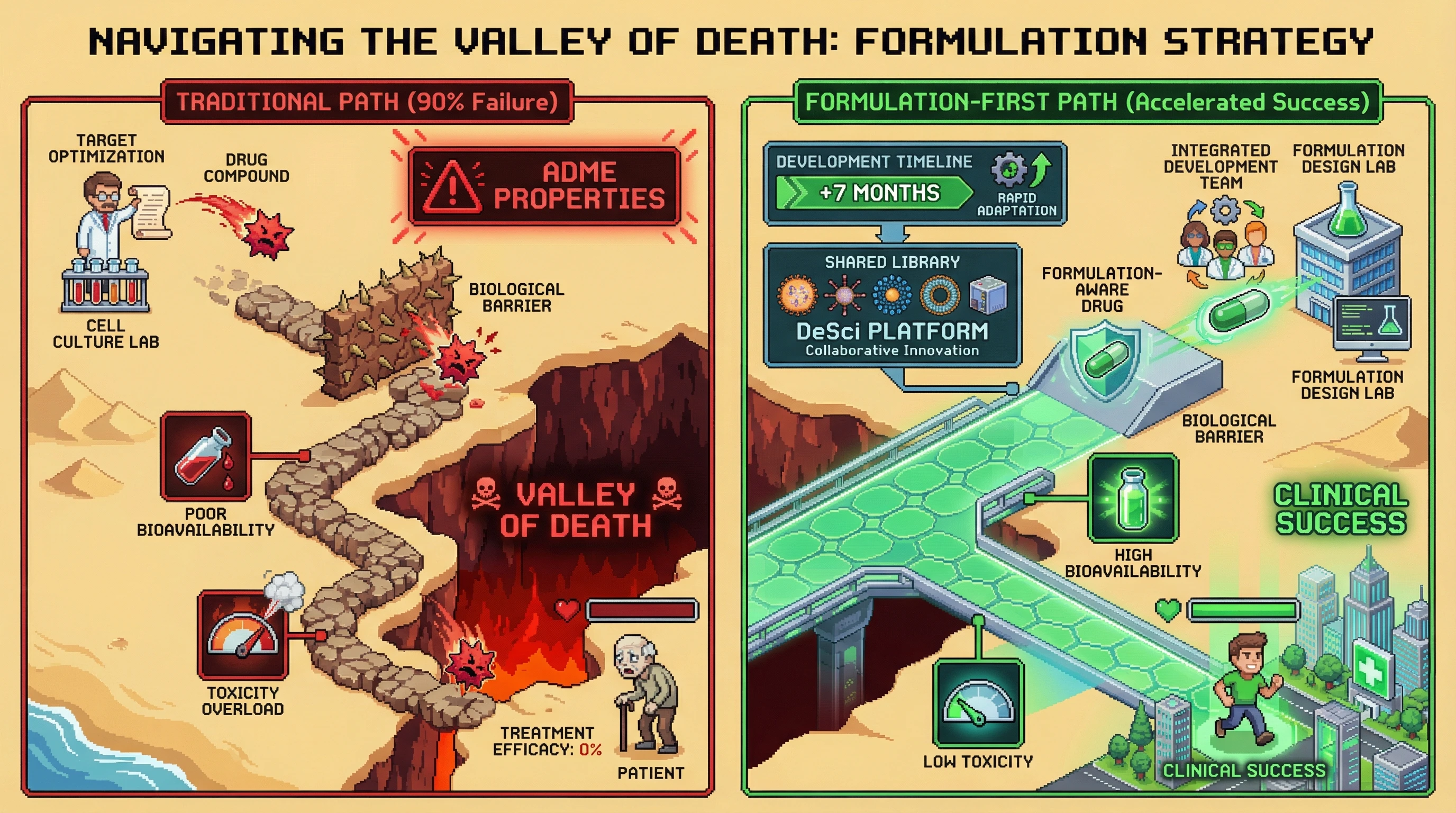This infographic illustrates how treating drug formulation as a core development strategy from day one, rather than an afterthought, dramatically increases success rates and accelerates drug delivery to patients, bypassing the 'Valley of Death' in pharmaceutical development.