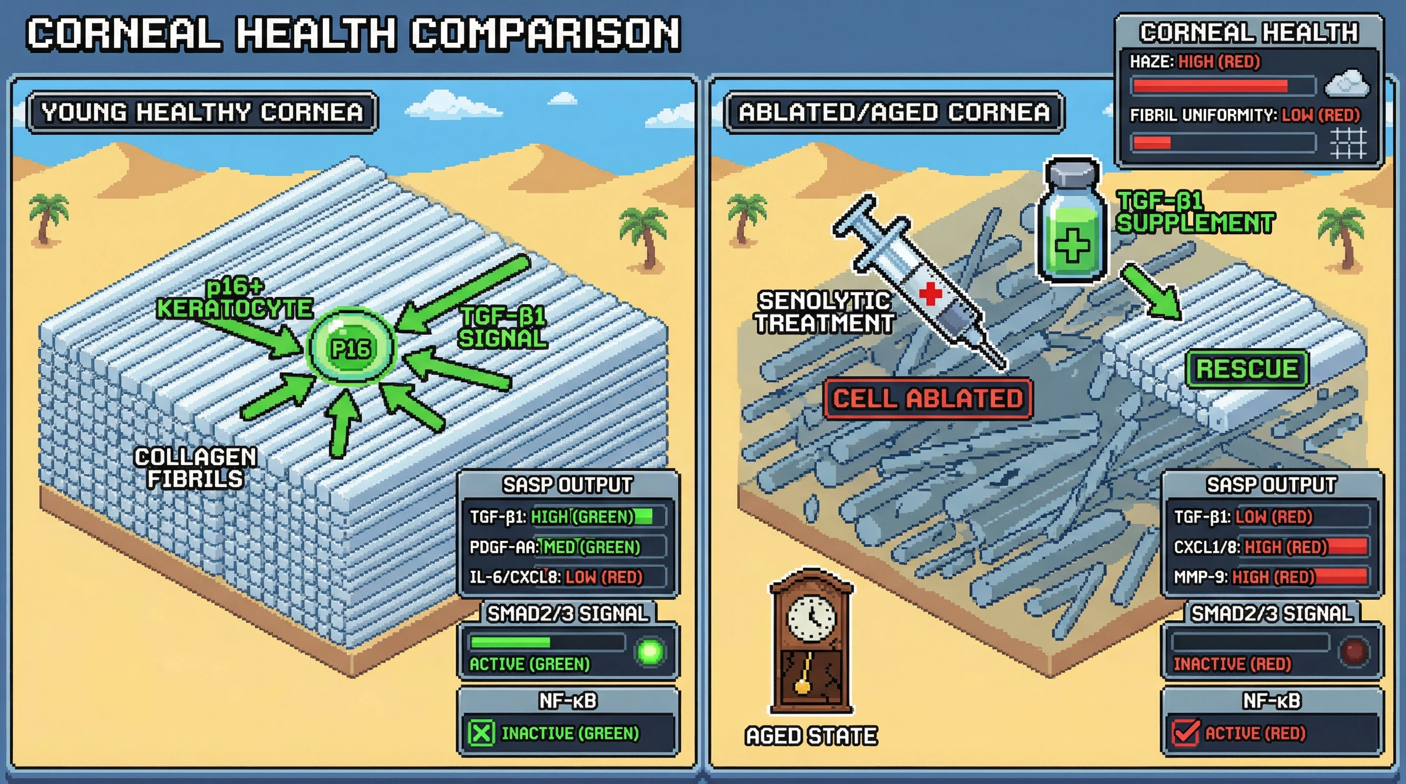 Infographic for: Peripheral senescent keratocytes as TGF‑β‑biased ECM chaperones whose loss disrupts corneal stromal organization