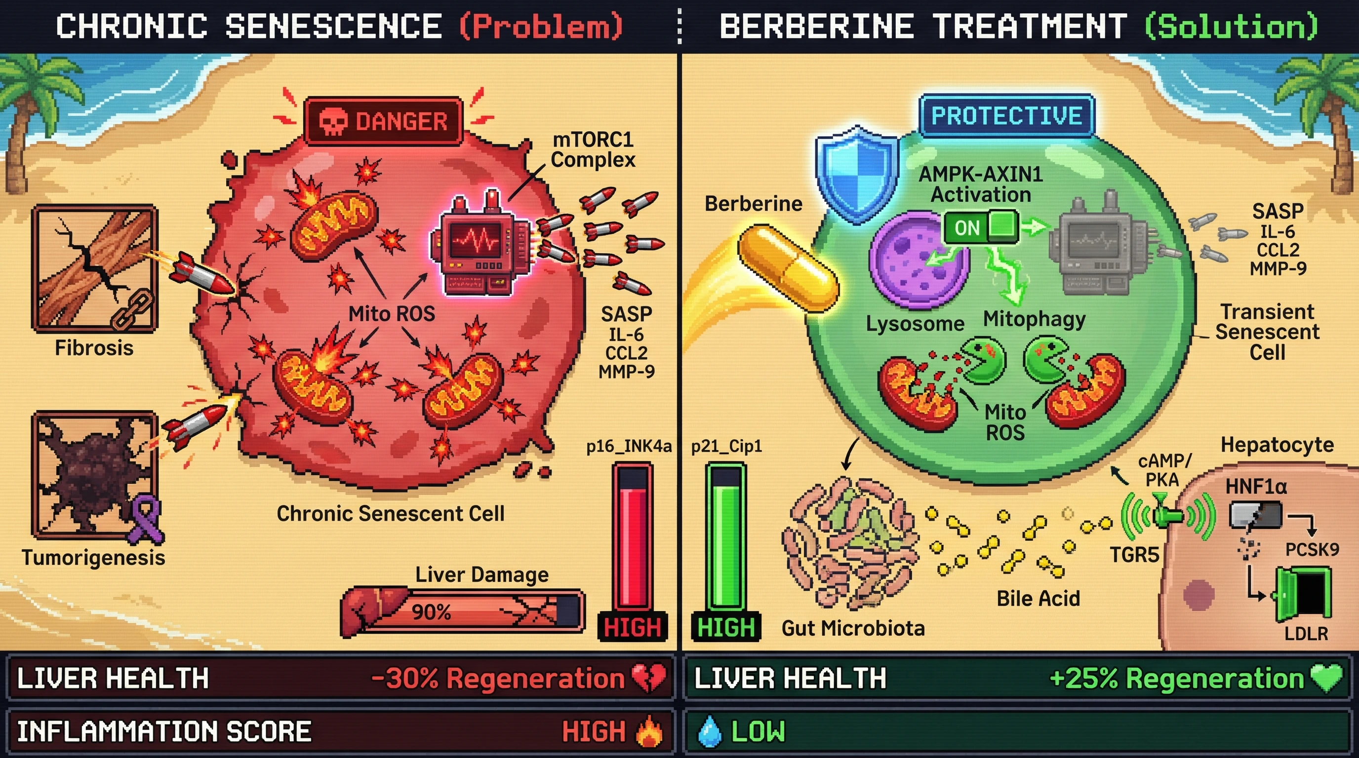 Infographic for: Berberine preserves beneficial transient senescence while blocking pathological chronic senescence through lysosomal AMPK‑AXIN1‑mediated mitophagy and mTORC1 inhibition, modulated by gut‑derived bile acid signaling