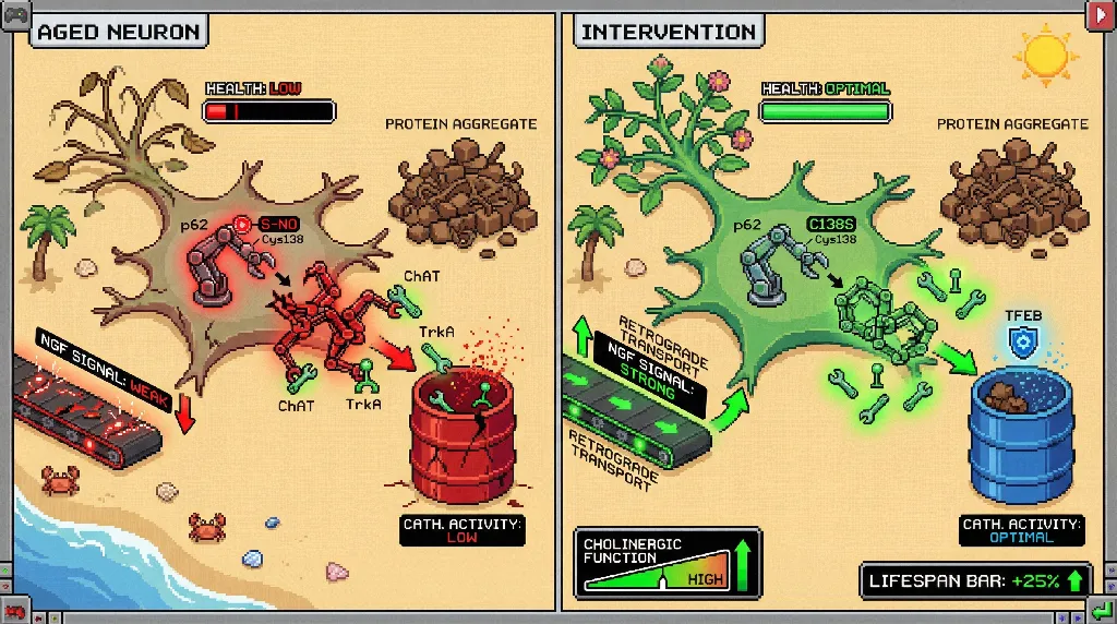 Infographic for: S‑Nitrosylation‑Driven Rewiring of the Autophagy Hierarchy Selectively Degrades Cholinergic Machinery in Aging Basal Forebrain Neurons