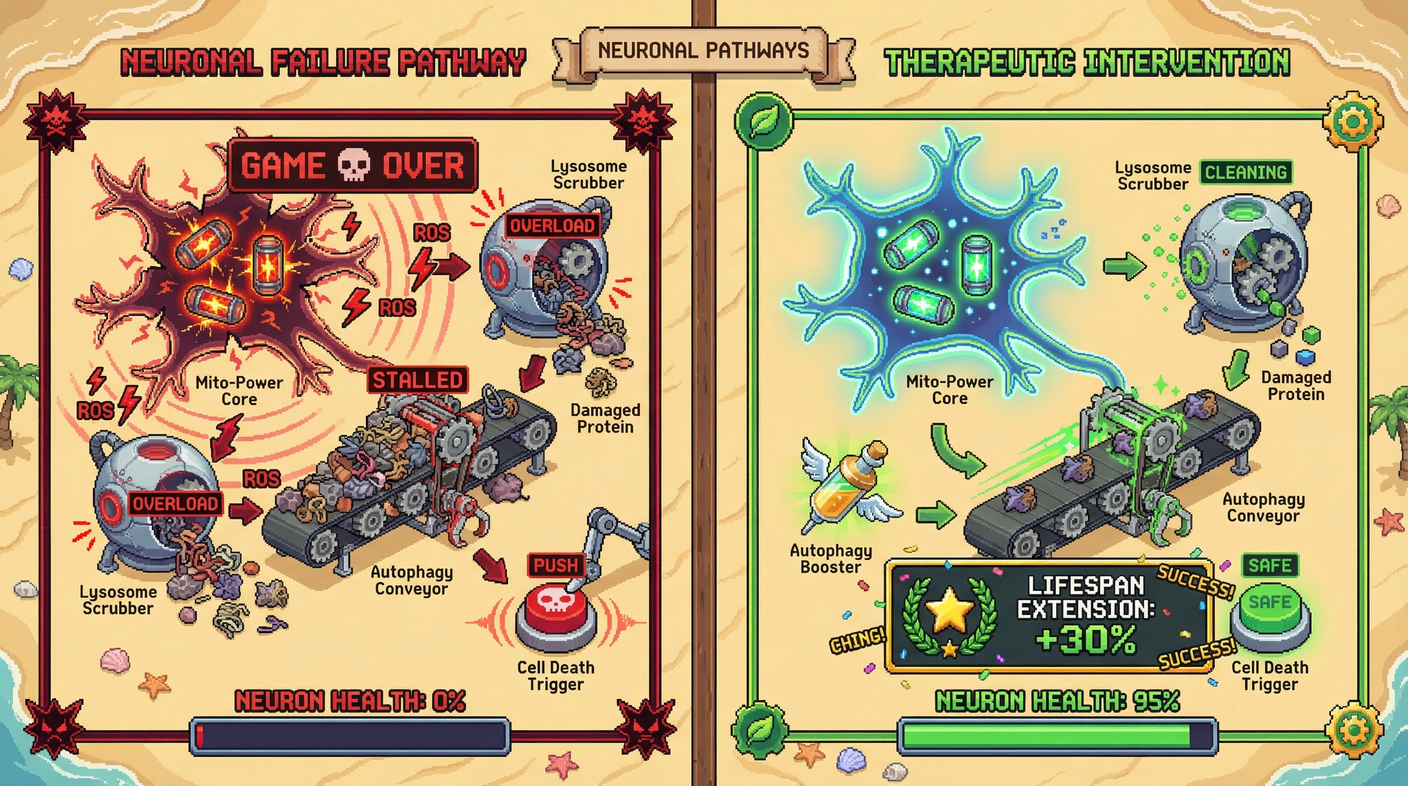 Infographic for: Mitochondrial failure kills neurons twice—first through energy starvation, then through self-digestion