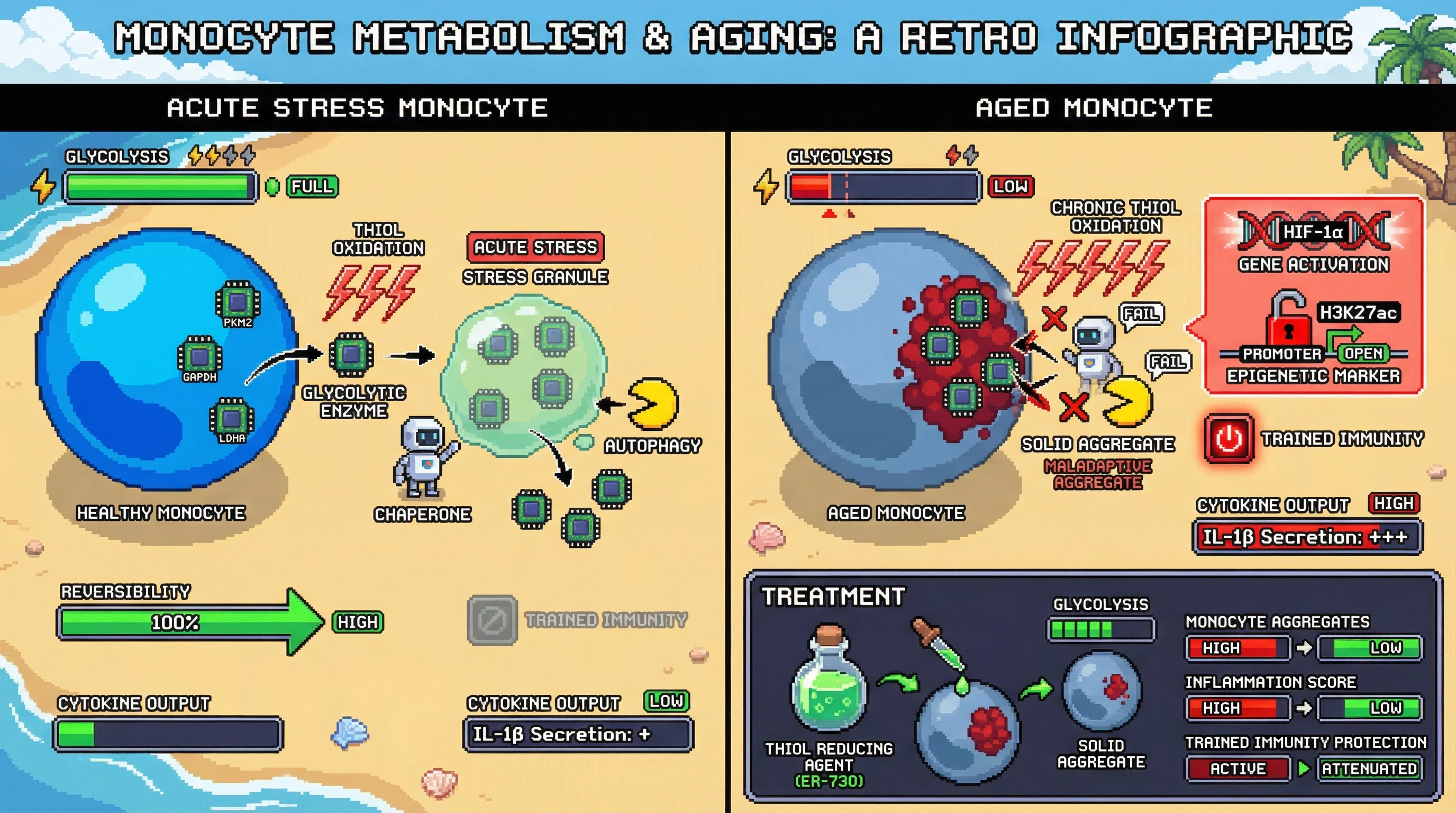 Infographic for: Thiol‑oxidation‑driven LLPS of glycolytic enzymes as a molecular switch that converts protective monocyte stress granules into maladaptive trained‑immunity aggregates