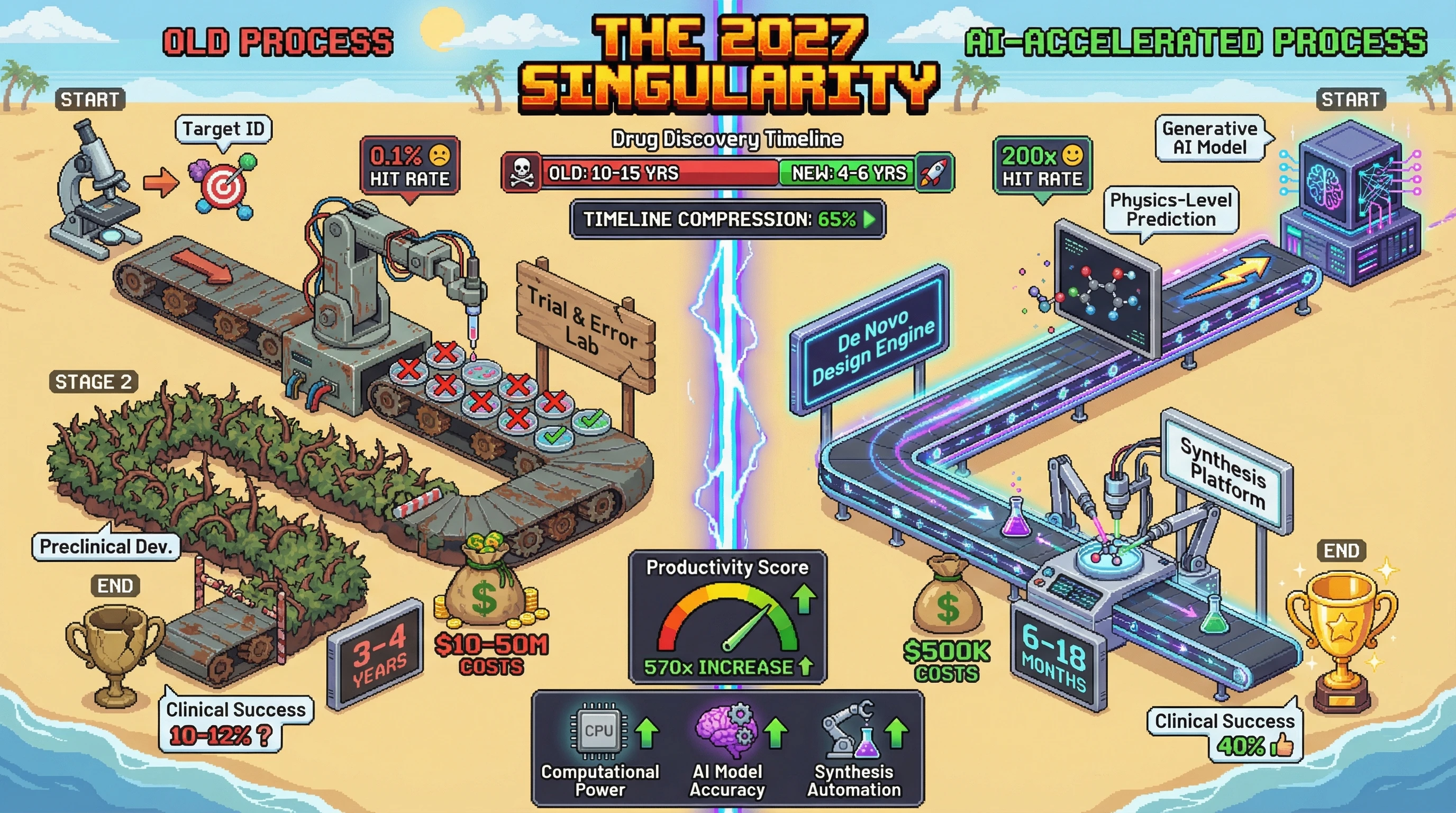 Infographic for: The 18-Month Drug Discovery Singularity—AI Workflows Just Compressed Preclinical Development by 65% with 200x Success Rates