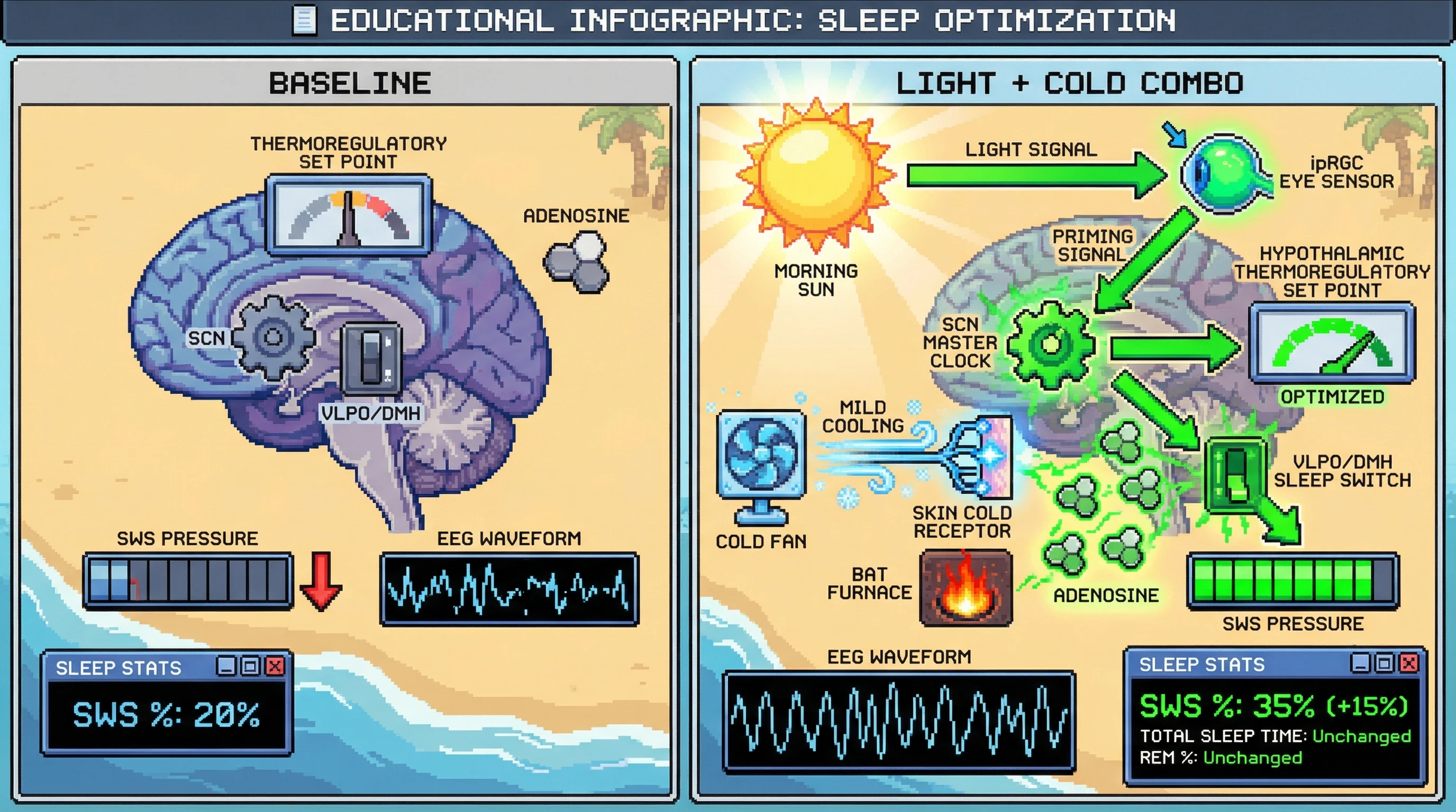 Mechanism: Morning light primes the SCN, which optimizes the brain's thermoregulatory set point, amplifying cold-induced adenosine to boost slow-wave sleep. Readout: Readout: The combined light and cold exposure increases slow-wave sleep percentage by 15% without altering total sleep time or REM sleep.