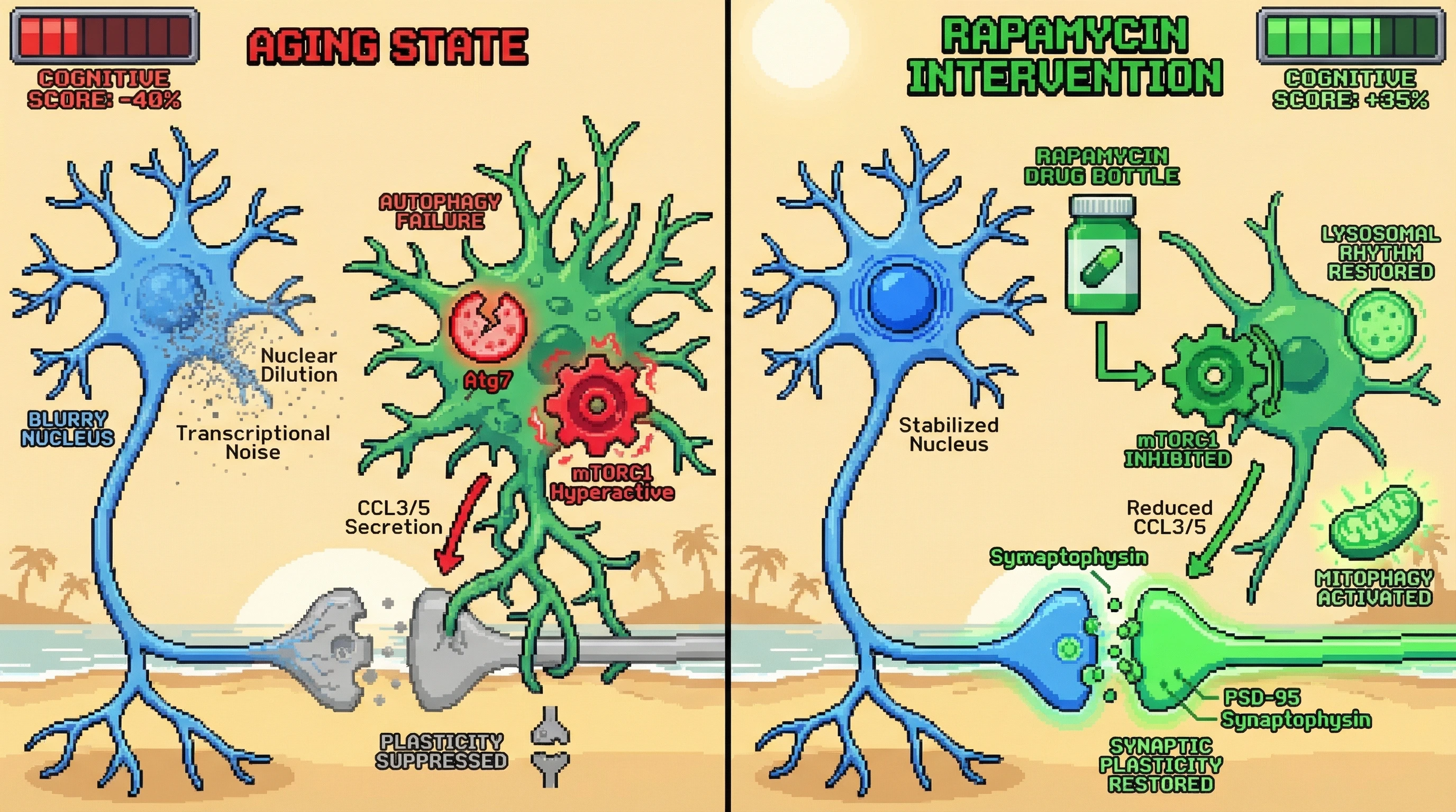 Mechanism: Aging leads to nuclear dilution and transcriptional noise, triggering OPC autophagy failure and mTORC1 hyperactivation, causing glial over-branching and synaptic plasticity suppression. Readout: Readout: Rapamycin intervention inhibits mTORC1, restoring lysosomal rhythm and synaptic plasticity, increasing cognitive scores by 35%.