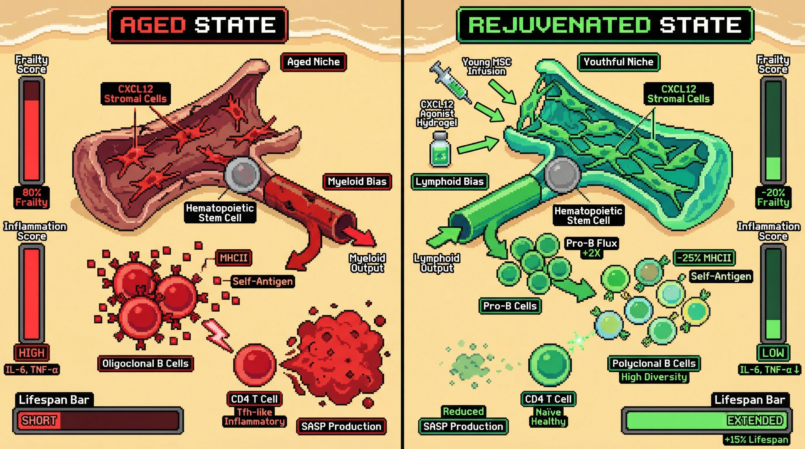Infographic for: Rejuvenating the bone marrow niche to restore lymphoid hematopoiesis curbs B‑cell‑driven inflammaging and extends healthspan