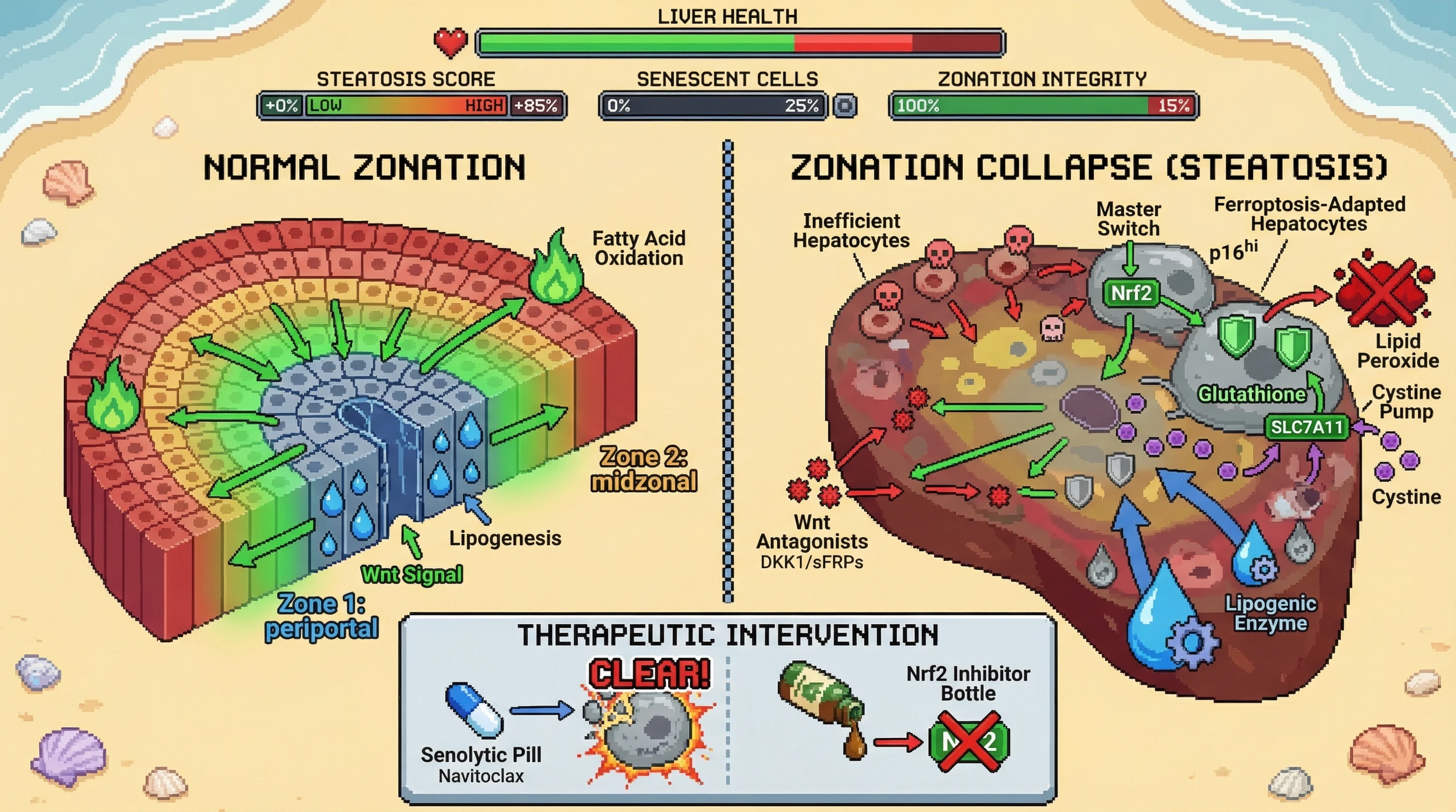 Mechanism: Nrf2-driven adaptation to ferroptosis creates senescent hepatocytes that deplete extracellular cystine and secrete Wnt antagonists, causing liver zonation collapse and steatosis. Readout: Readout: Therapeutic senolytics and Nrf2 inhibition reduce steatosis by clearing senescent cells and preserving zonation integrity.