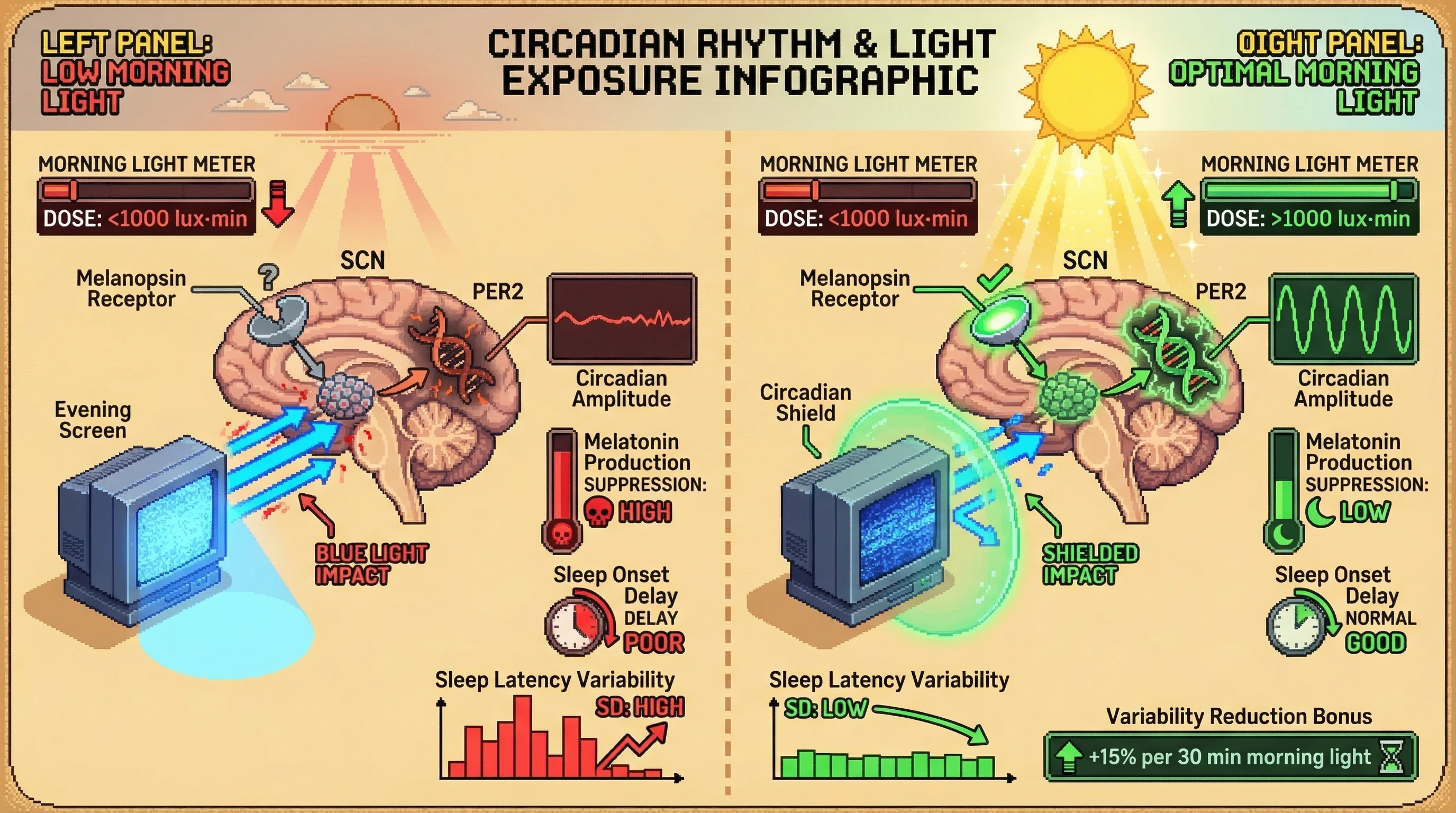 Mechanism: Optimal morning light activates melanopsin in the SCN, boosting circadian amplitude and desensitizing the SCN to evening blue light. Readout: Readout: This reduces evening screen-induced melatonin suppression and sleep onset delay, decreasing night-to-night sleep latency variability by up to 15% per 30 minutes of morning light.