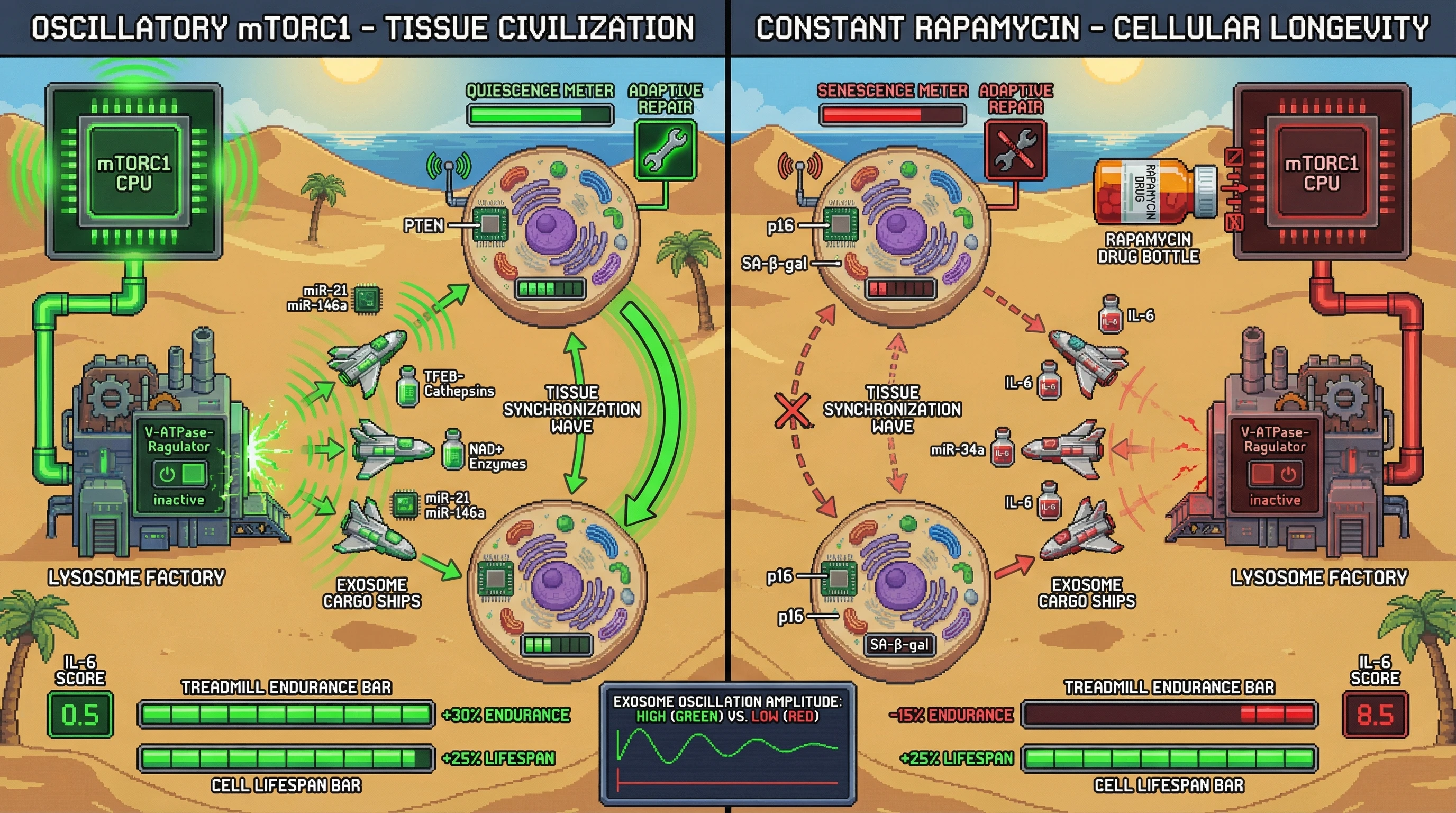 Mechanism: Oscillatory mTORC1 signaling drives rhythmic lysosomal exosome release, synchronizing tissue repair and promoting adaptive function. Readout: Readout: Intermittent rapamycin maintains cellular lifespan while improving treadmill endurance and reducing tissue IL-6 levels compared to continuous dosing.