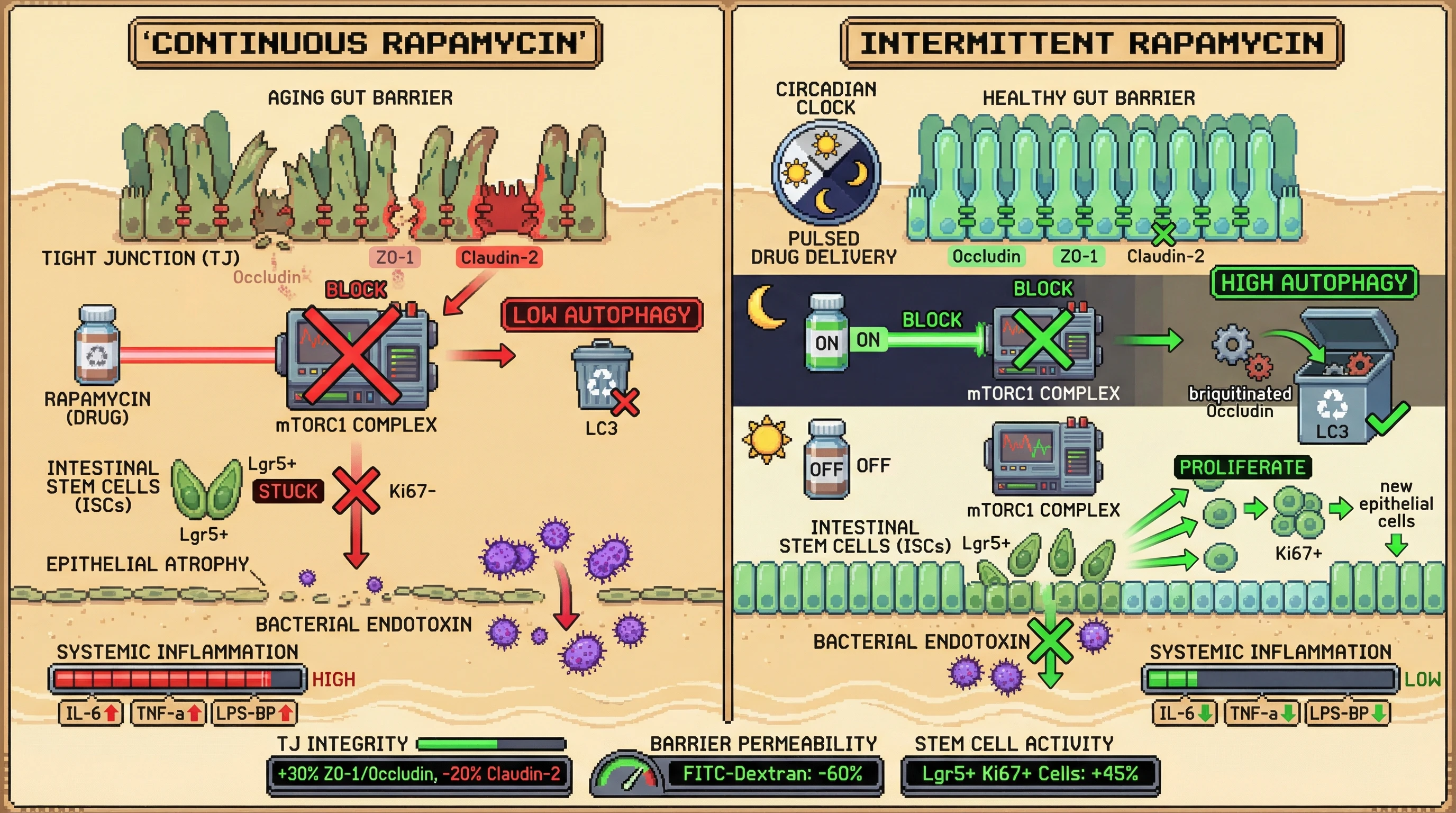 Infographic for: Pulsed mTOR Inhibition Restores Gut Tight Junction Integrity and Mitigates Inflammaging by Coupling Autophagic Clearance with Stem Cell-Mediated Repair