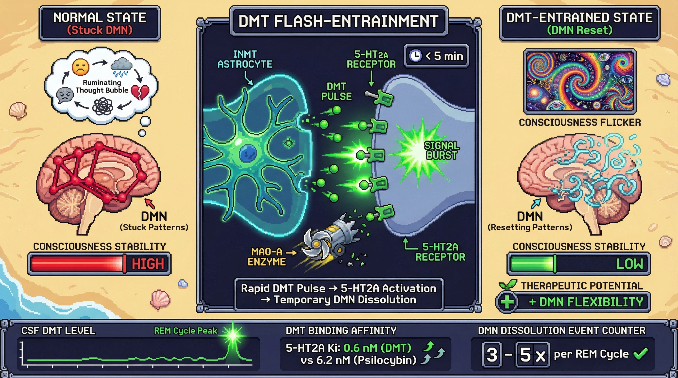 Infographic for: DMT Flash-Entrainment: Endogenous N,N-DMT Pulses Regulate Sleep-Wake Consciousness Transitions