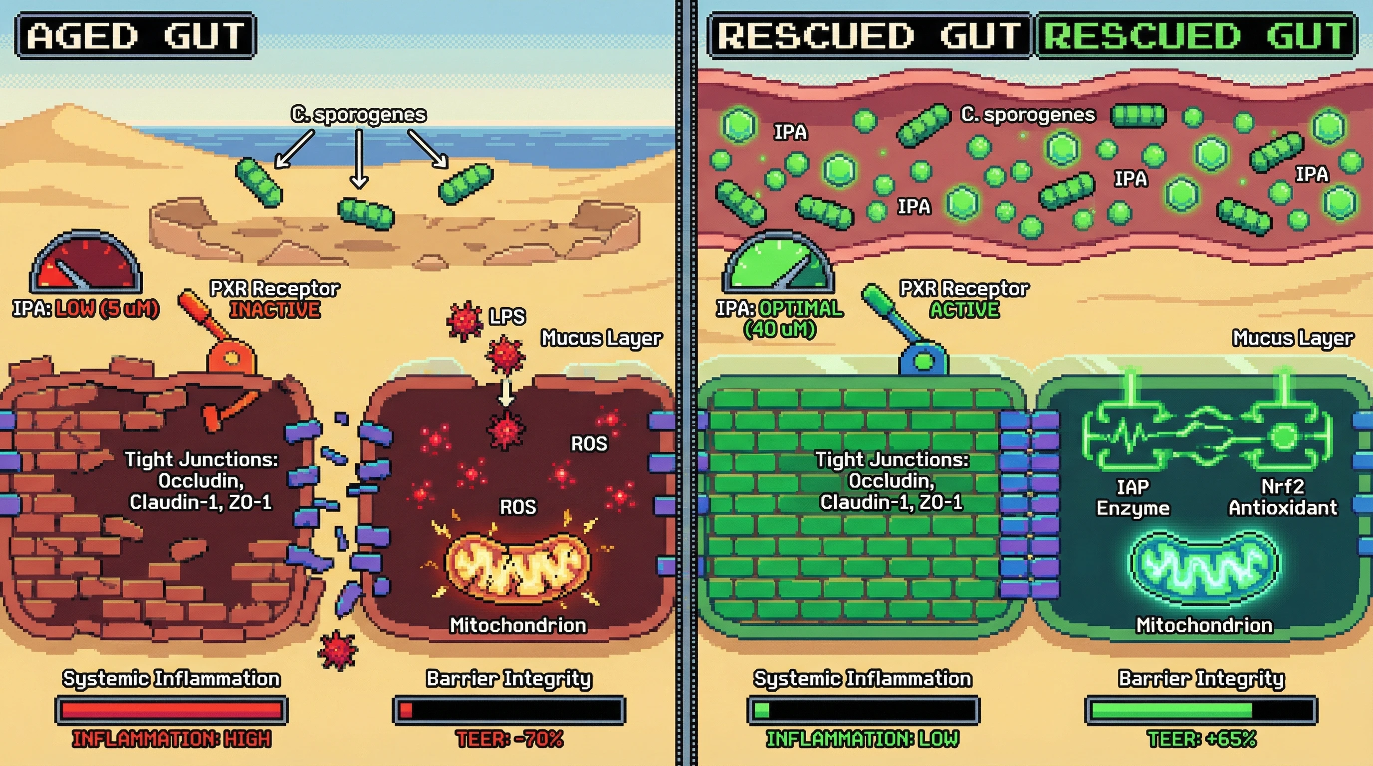 Infographic for: Aging-related loss of microbial IPA impairs intestinal epithelial PXR signaling, driving barrier leakiness and inflammaging