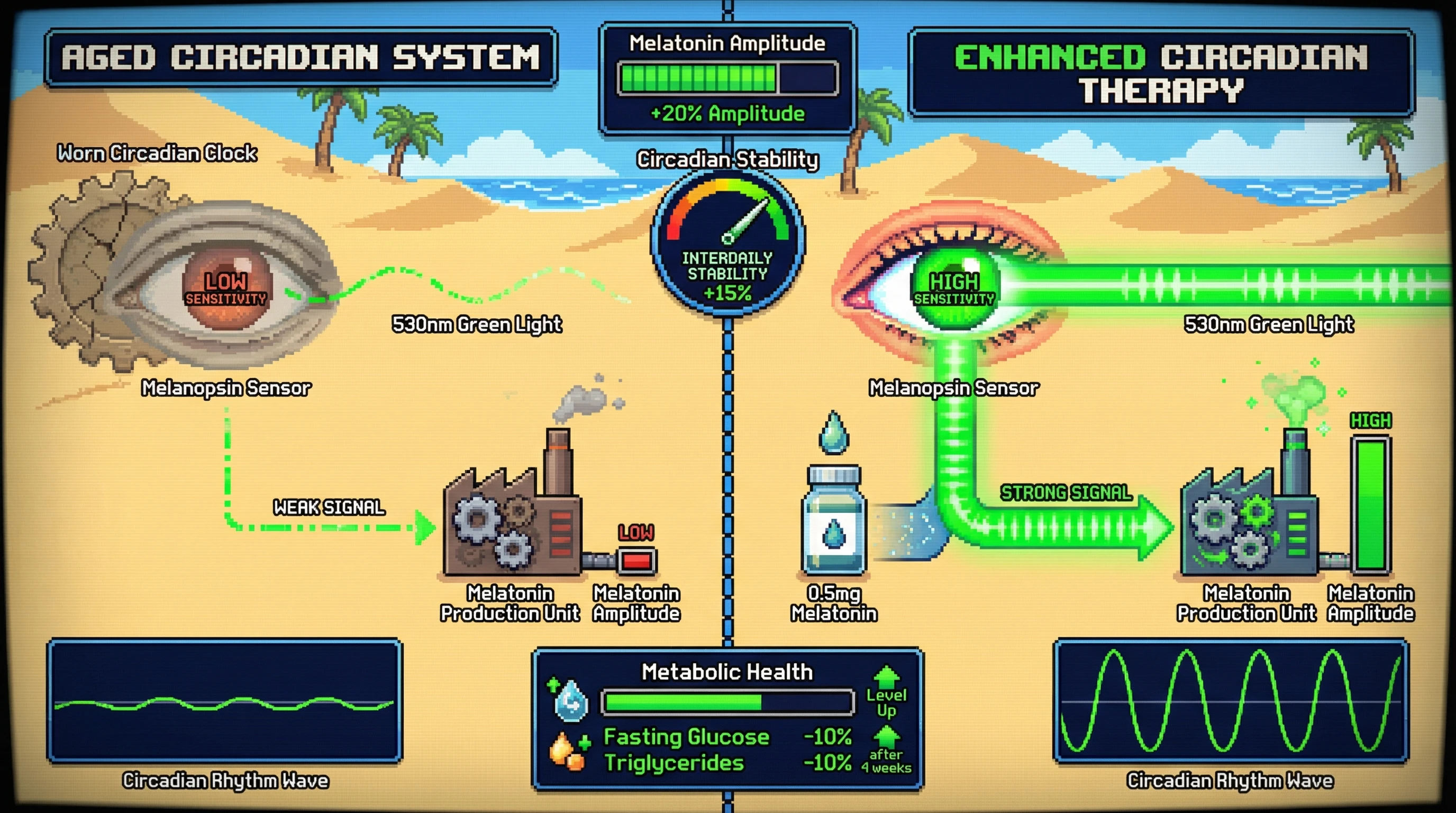 Infographic for: Timed Melanopsin-Activating Green Light Therapy Enhances Circadian Amplitude in Aging When Combined with Low-Dose Melatonin