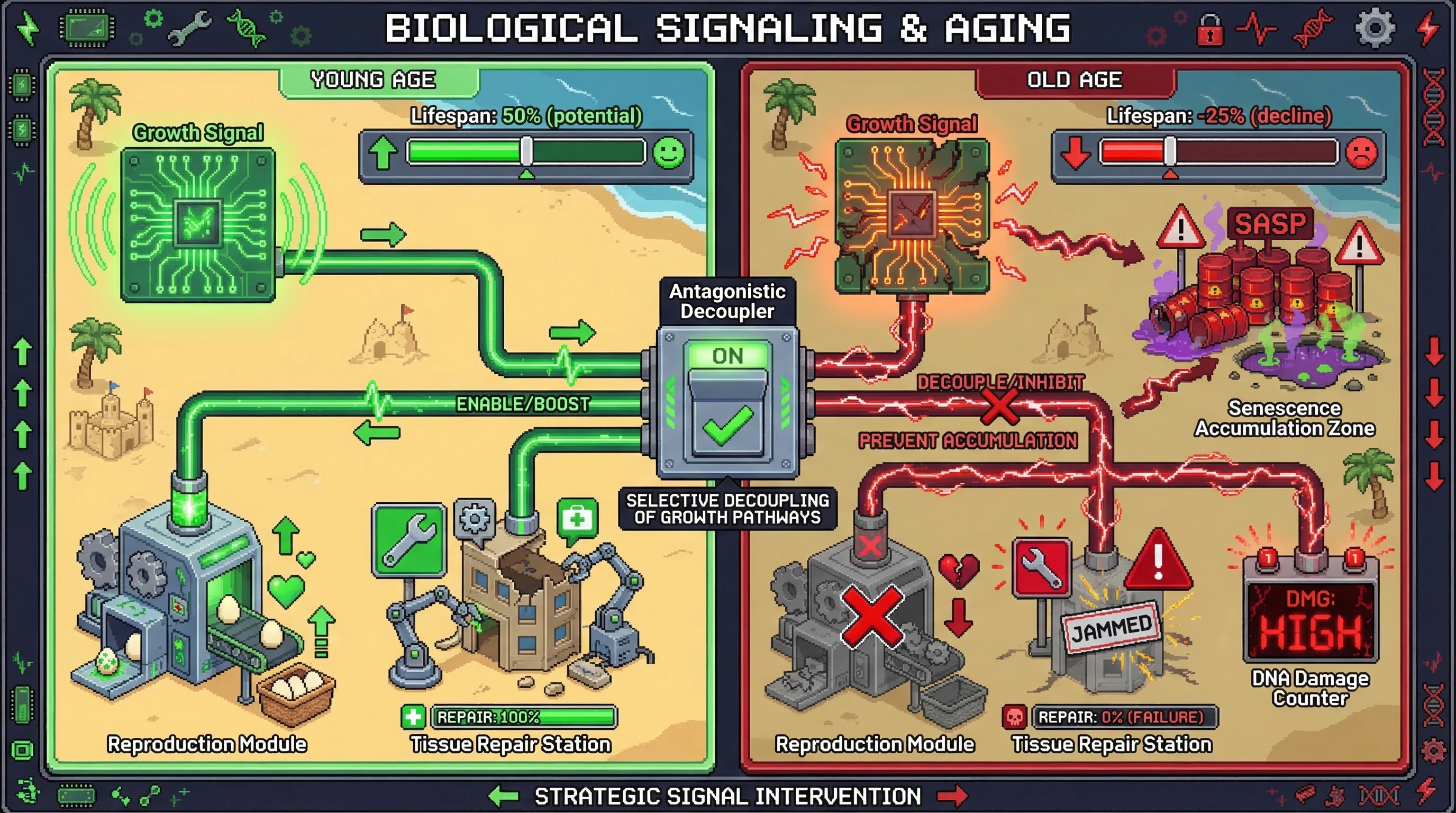 Mechanism: Antagonistic pleiotropy shows early-life growth pathways, while beneficial for reproduction and repair, become detrimental in old age by promoting senescence and DNA damage. Readout: Readout: The 'Antagonistic Decoupler' intervention aims to maintain early benefits while mitigating late-life costs, potentially increasing the 'Lifespan Bar' and reducing 'DNA Damage Counter' readings.