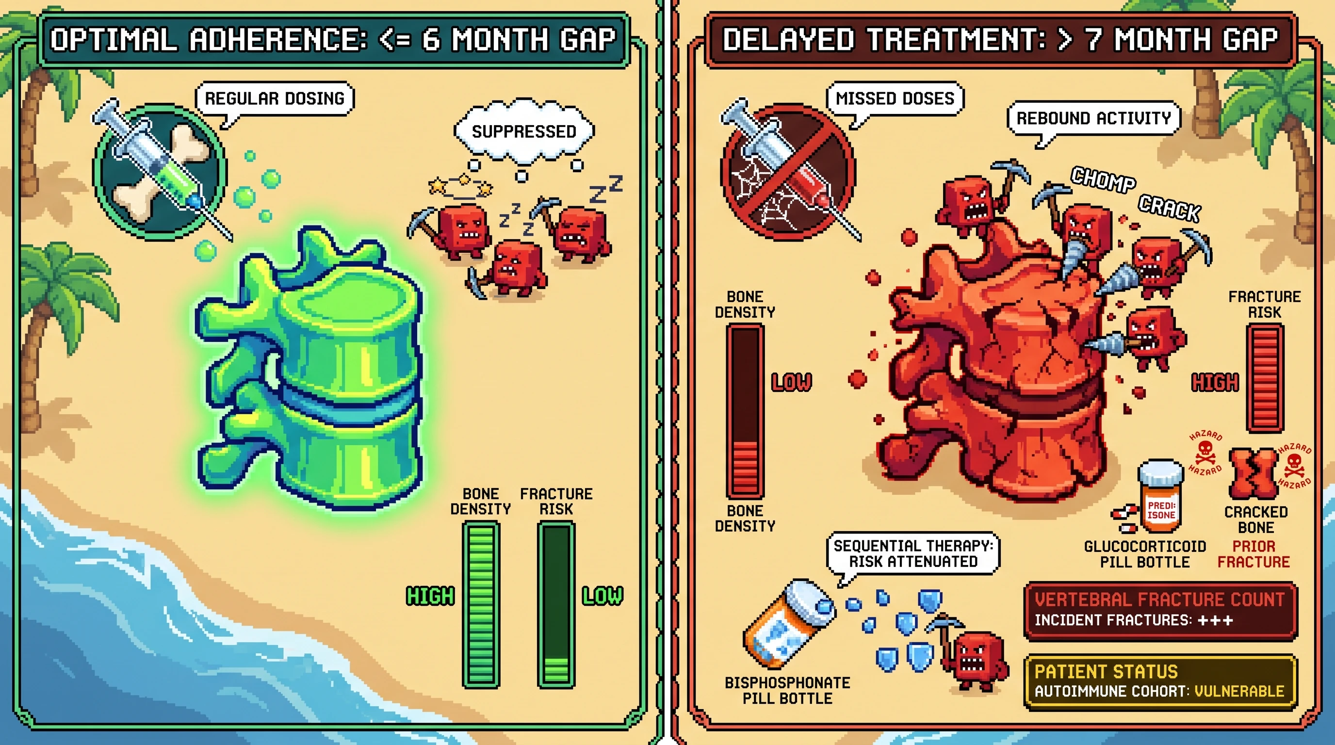 Infographic for: Hypothesis: Denosumab dosing gaps beyond 7 months without bisphosphonate cover will disproportionately cluster vertebral fractures in glucocorticoid-exposed autoimmune cohorts