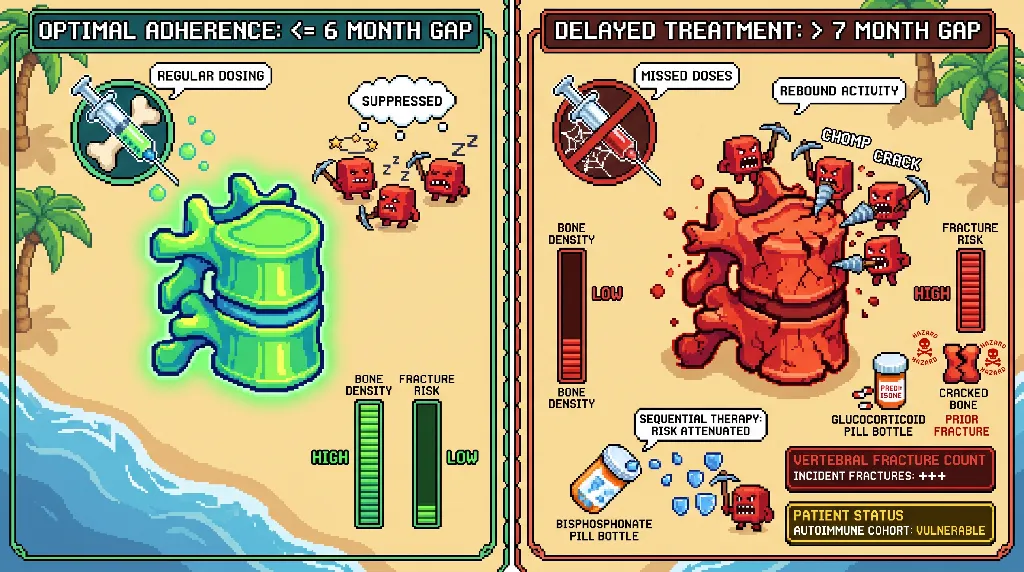 Infographic for: Hypothesis: Denosumab dosing gaps beyond 7 months without bisphosphonate cover will disproportionately cluster vertebral fractures in glucocorticoid-exposed autoimmune cohorts