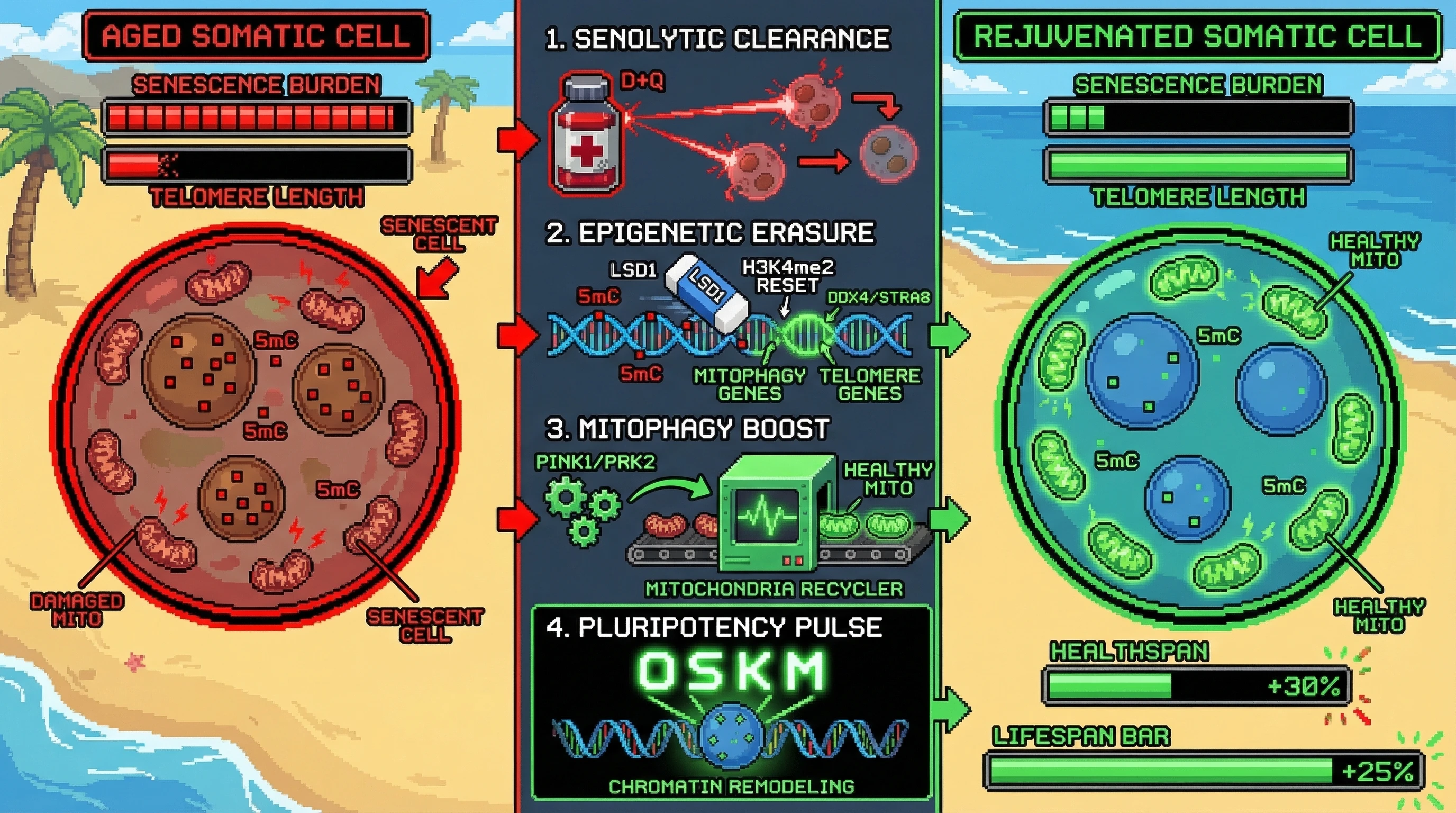 Infographic for: Inducing Germline‑Like Quality Control in Somatic Cells via Sequential Senolytic Clearance, LSD1‑Mediated Epigenetic Erasure, and Mitophagy‑Primed Reprogramming Extends Healthspan