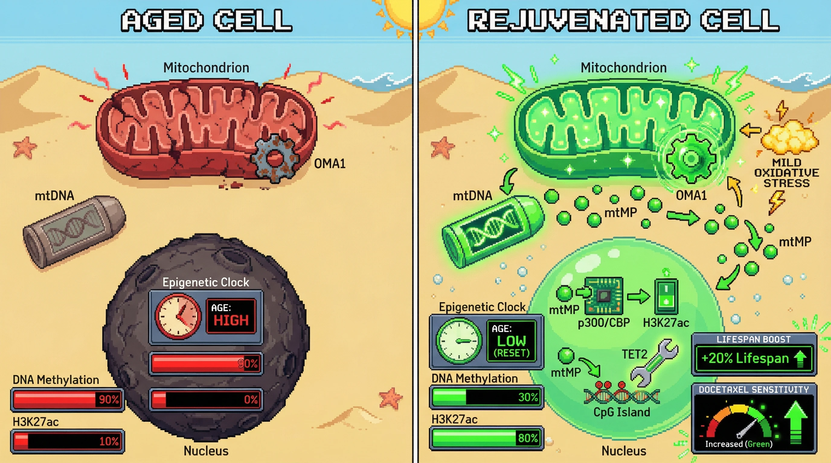 Infographic for: Mitochondrial-encoded micropeptides reprogram nuclear epigenetics to delay aging: a testable hypothesis
