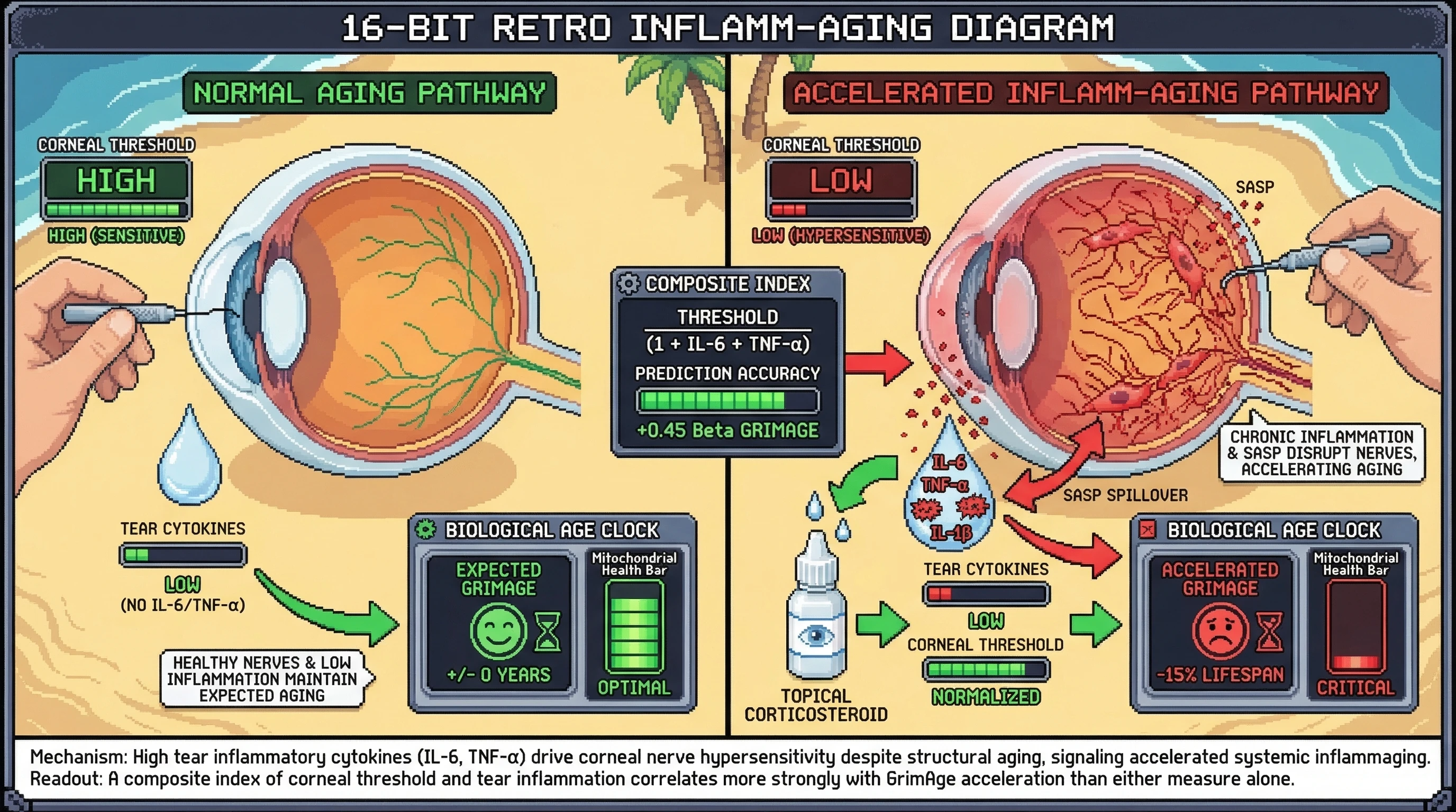Infographic for: Corneal mechanical sensitivity combined with tear neuroinflammatory markers predicts biological age acceleration better than sensitivity alone