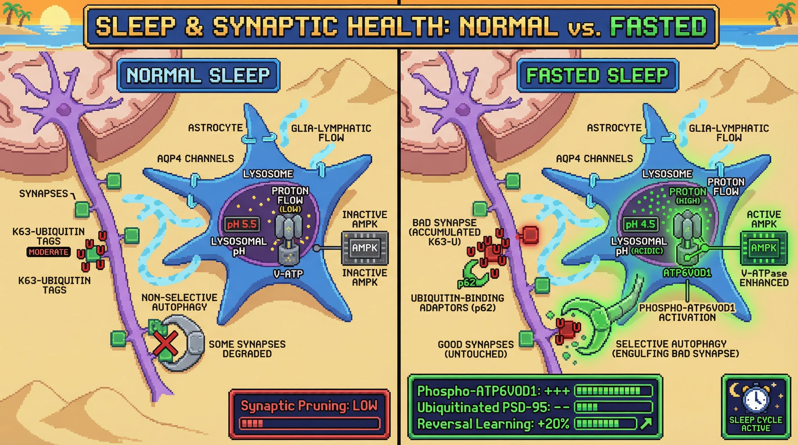 Mechanism: Intermittent fasting activates AMPK, which boosts lysosomal acidification during sleep, enabling selective removal of K63-ubiquitinated synaptic proteins. Readout: Readout: This process leads to increased phospho-ATP6V0D1, reduced ubiquitinated PSD-95, and improved reversal learning by 20%.