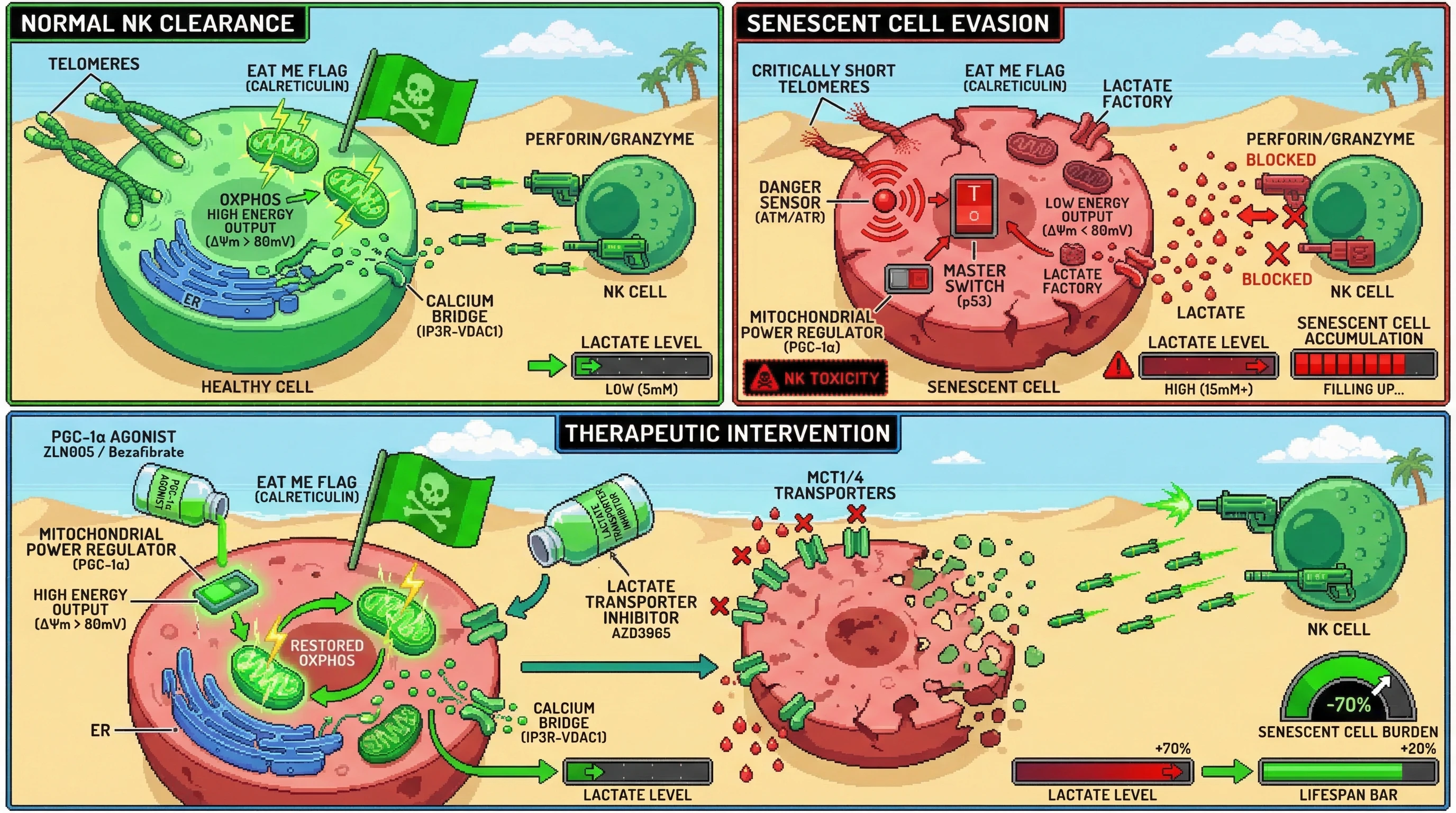 Mechanism: Telomere dysfunction activates p53 in senescent cells, repressing PGC-1α to collapse mitochondrial function, reduce surface calreticulin, and increase lactate secretion, inhibiting NK cell clearance. Readout: Readout: Interventions restoring mitochondrial function (PGC-1α agonists) and reducing lactate (MCT1/4 inhibitors) decrease senescent cell burden and increase lifespan.