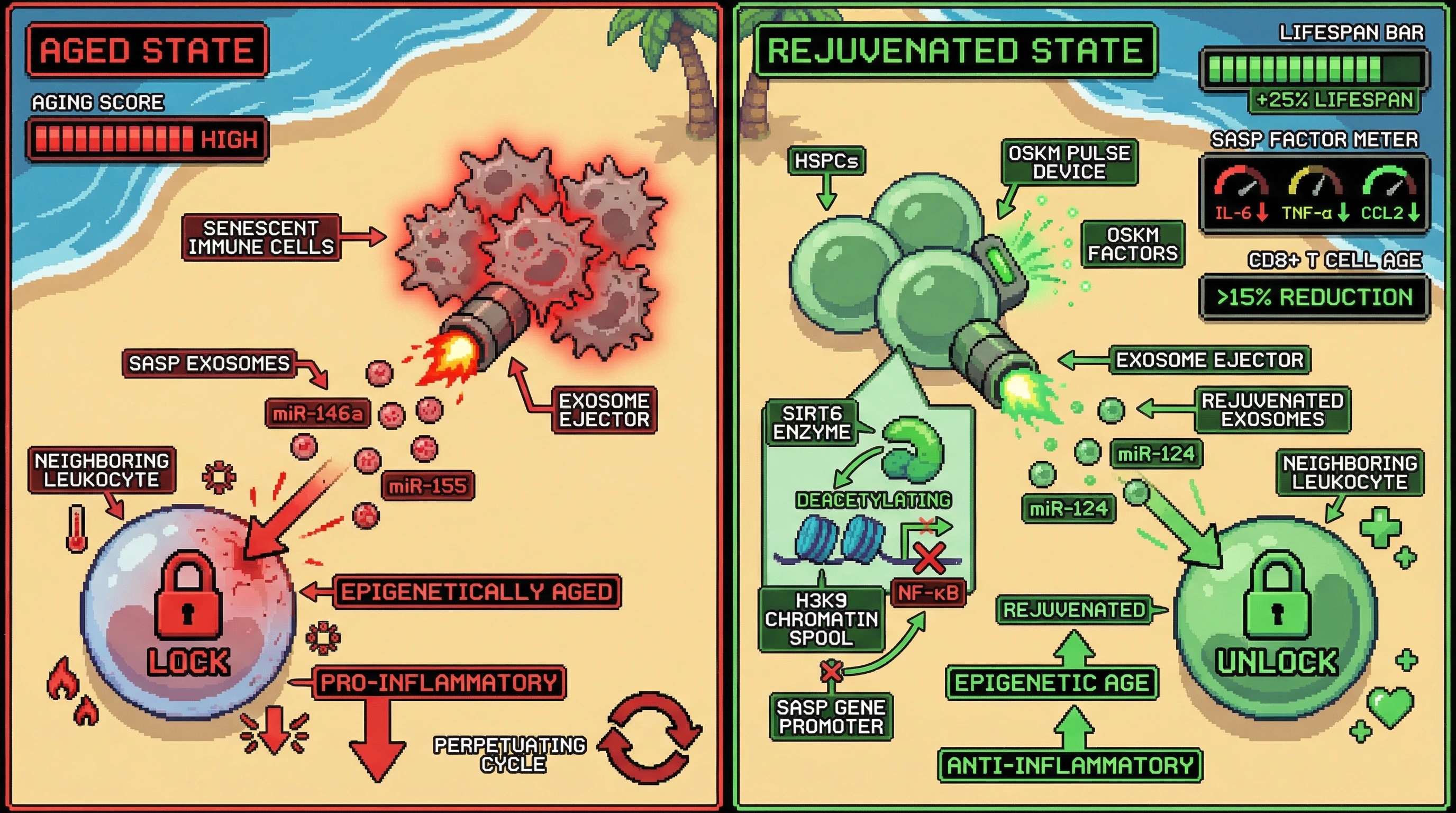 Infographic for: Intermittent hematopoietic OSKM reprogramming disrupts immune-mediated SASP propagation to delay aging