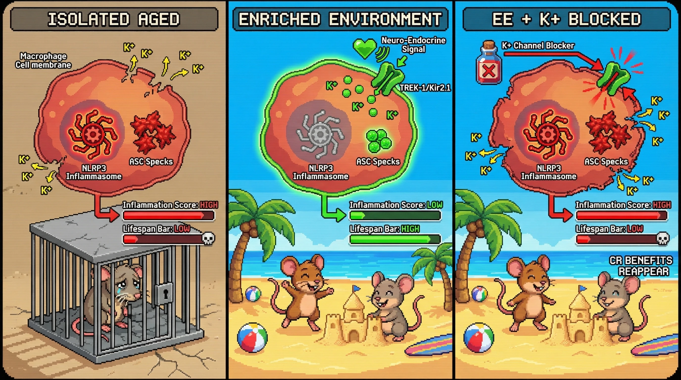 Infographic for: The Ionic Redundancy Hypothesis: Do Enriched Environments Pre-empt Caloric Restriction by Stabilizing the Potassium Threshold?