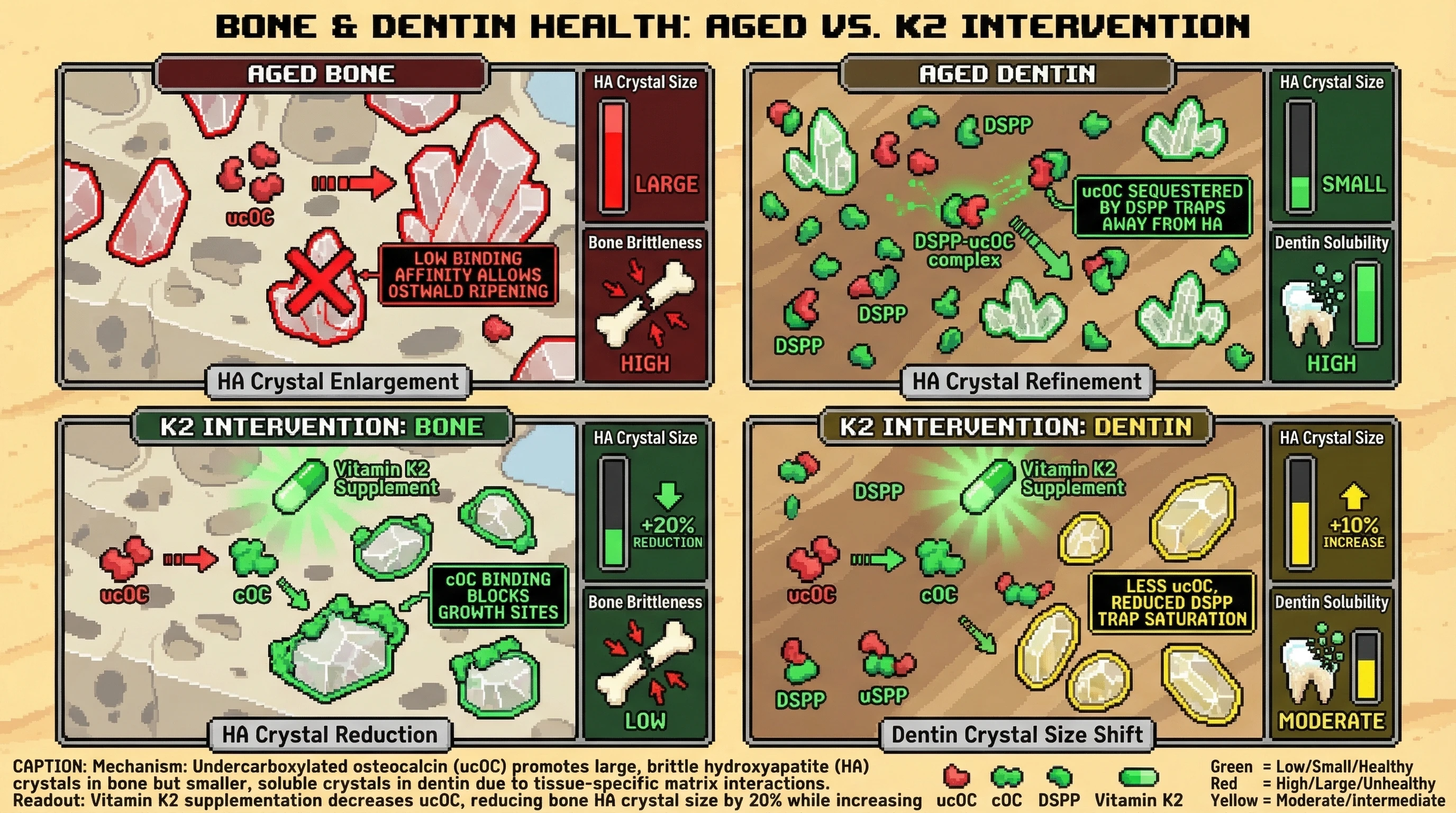 Infographic for: Undercarboxylated osteocalcin directs tissue‑specific hydroxyapatite crystal aging via differential matrix binding