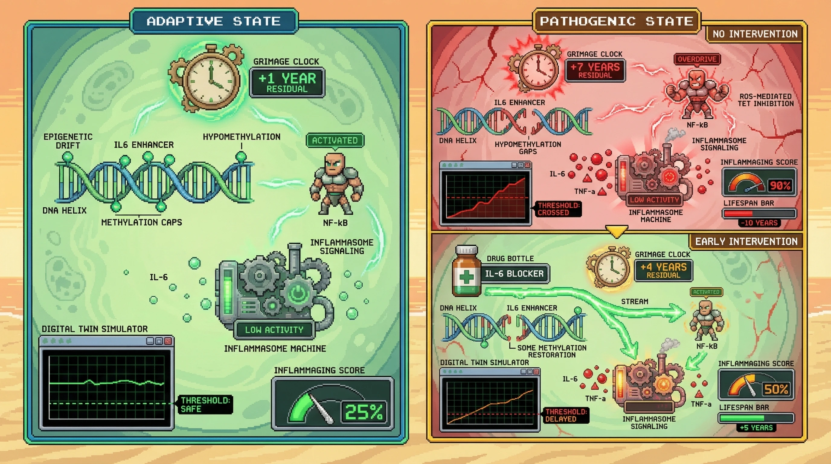 Infographic for: Epigenetic‑Proteomic Threshold Hypothesis: Predicting Inflammaging Switch Points in Digital Twin Aging Models
