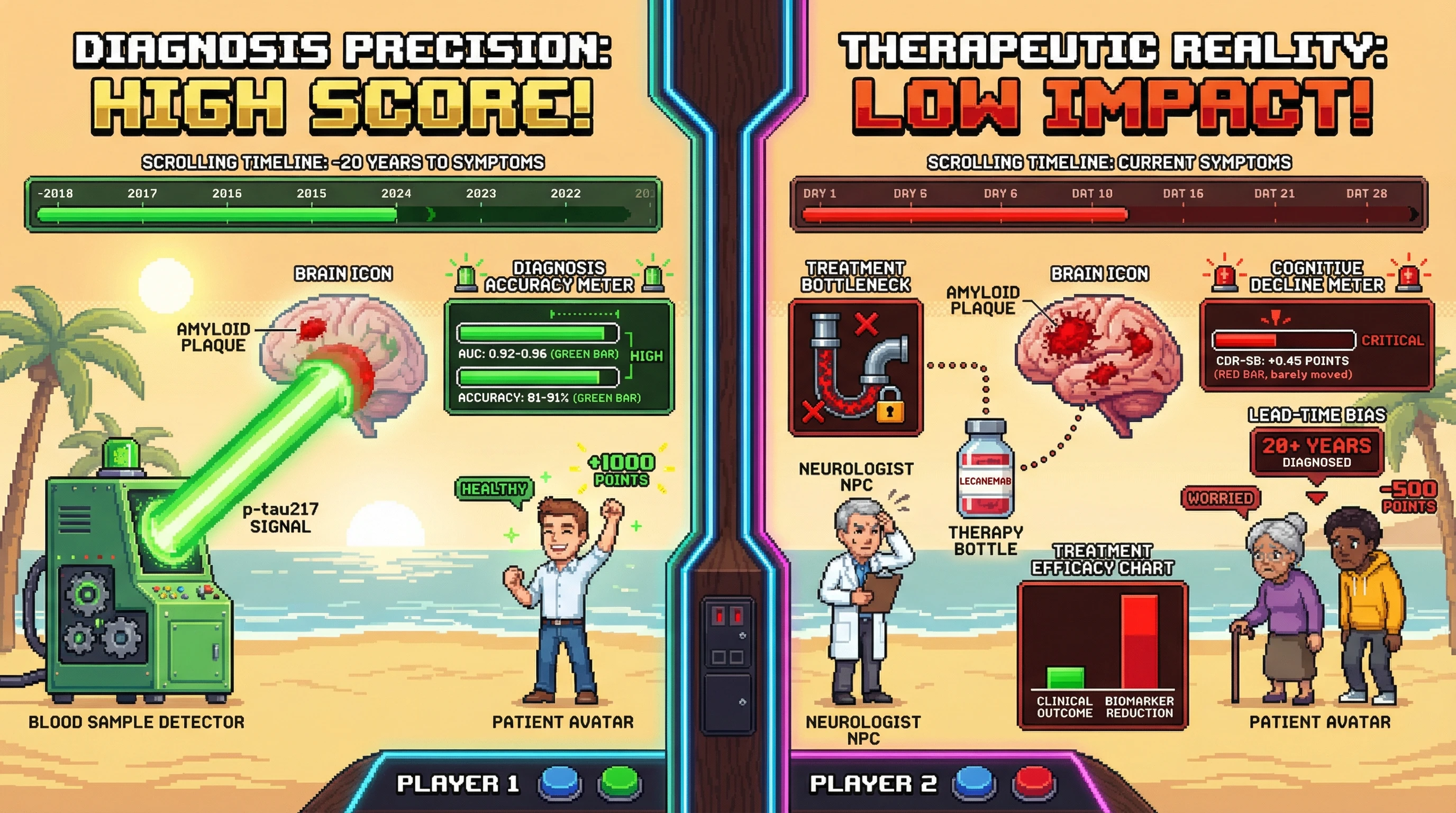 This infographic highlights the paradox of Alzheimer's diagnostics: while the p-tau217 blood test offers highly accurate, early detection of pathology, current therapies provide only marginal clinical benefits, leading to a disconnect between diagnostic precision and therapeutic relevance.