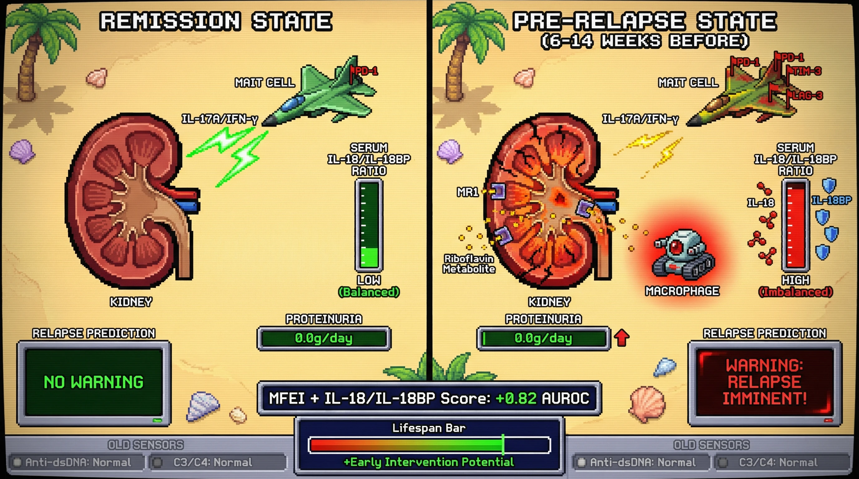 Infographic for: Circulating MAIT Cell Functional Exhaustion Index Combined With Serum IL-18/IL-18BP Free Ratio Predicts Lupus Nephritis Relapse 6–14 Weeks Before Proteinuria Escalation Independent of Conventional Serological Markers