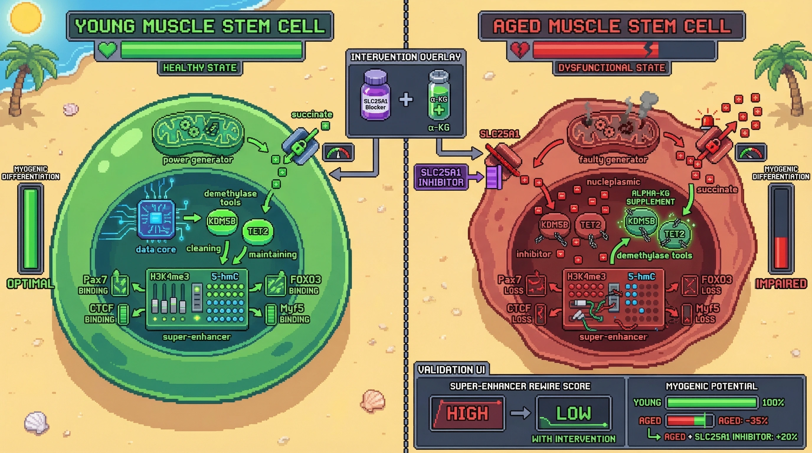 Mechanism: Elevated mitochondrial succinate, exported via SLC25A1 in aged muscle stem cells, inhibits nuclear KDM5B and TET2, leading to dysregulated super-enhancer remodeling. Readout: Readout: This causes impaired myogenic differentiation and an altered super-enhancer chromatin signature, which can be reversed by SLC25A1 inhibition or α-KG supplementation.