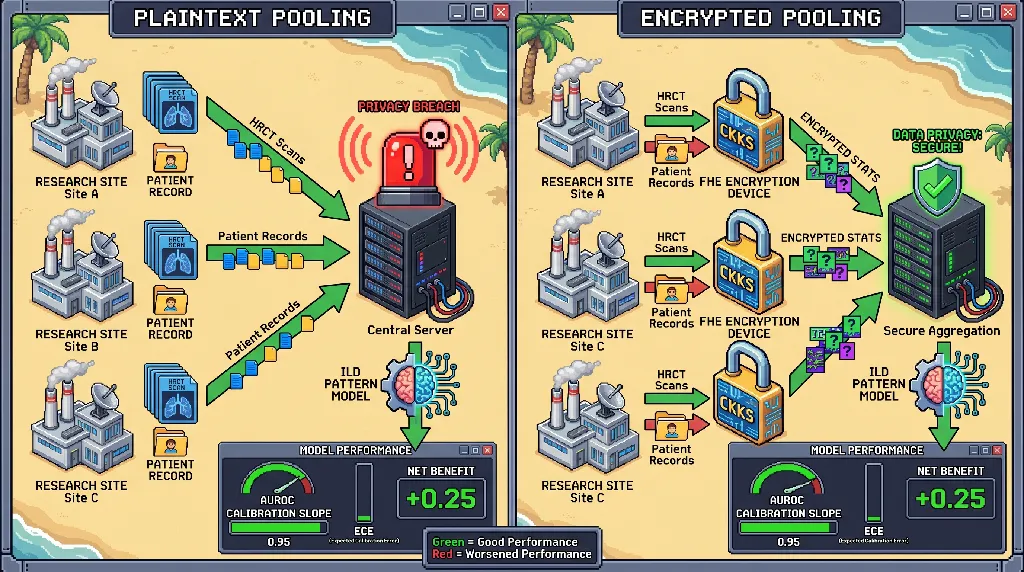 Infographic for: Hypothesis: Homomorphically encrypted HRCT sufficient statistics can preserve external calibration of ILD pattern models across decentralized autoimmune cohorts
