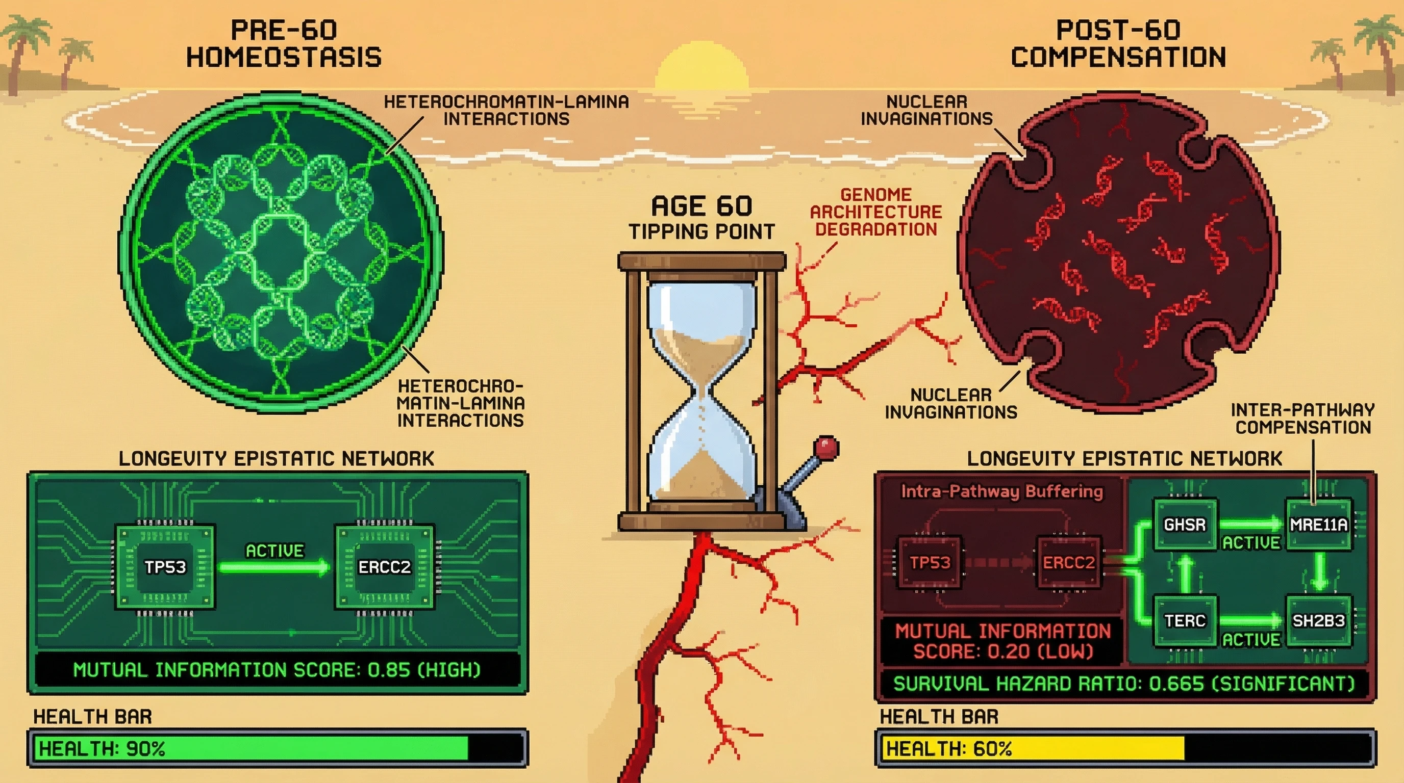 Mechanism: The aging process involves a topological phase transition at age 60, where 3D genome collapse leads to a shift from intra-pathway buffering to inter-pathway compensation for longevity. Readout: Readout: Intra-pathway mutual information scores decrease post-60, while inter-pathway survival associations like TERC-SH2B3 become statistically significant.