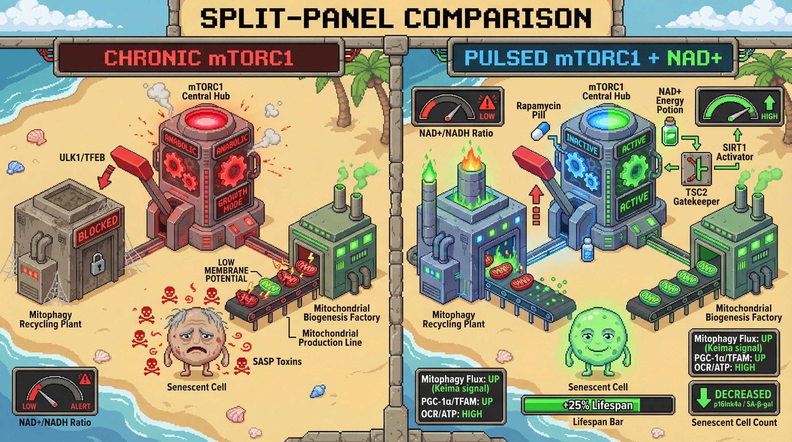 Infographic for: Intermittent mTORC1 Pulsing with NAD+ Boosting Decouples Mitochondrial Biogenesis from Autophagy Suppression to Improve ETC Function and Delay Cellular Senescence