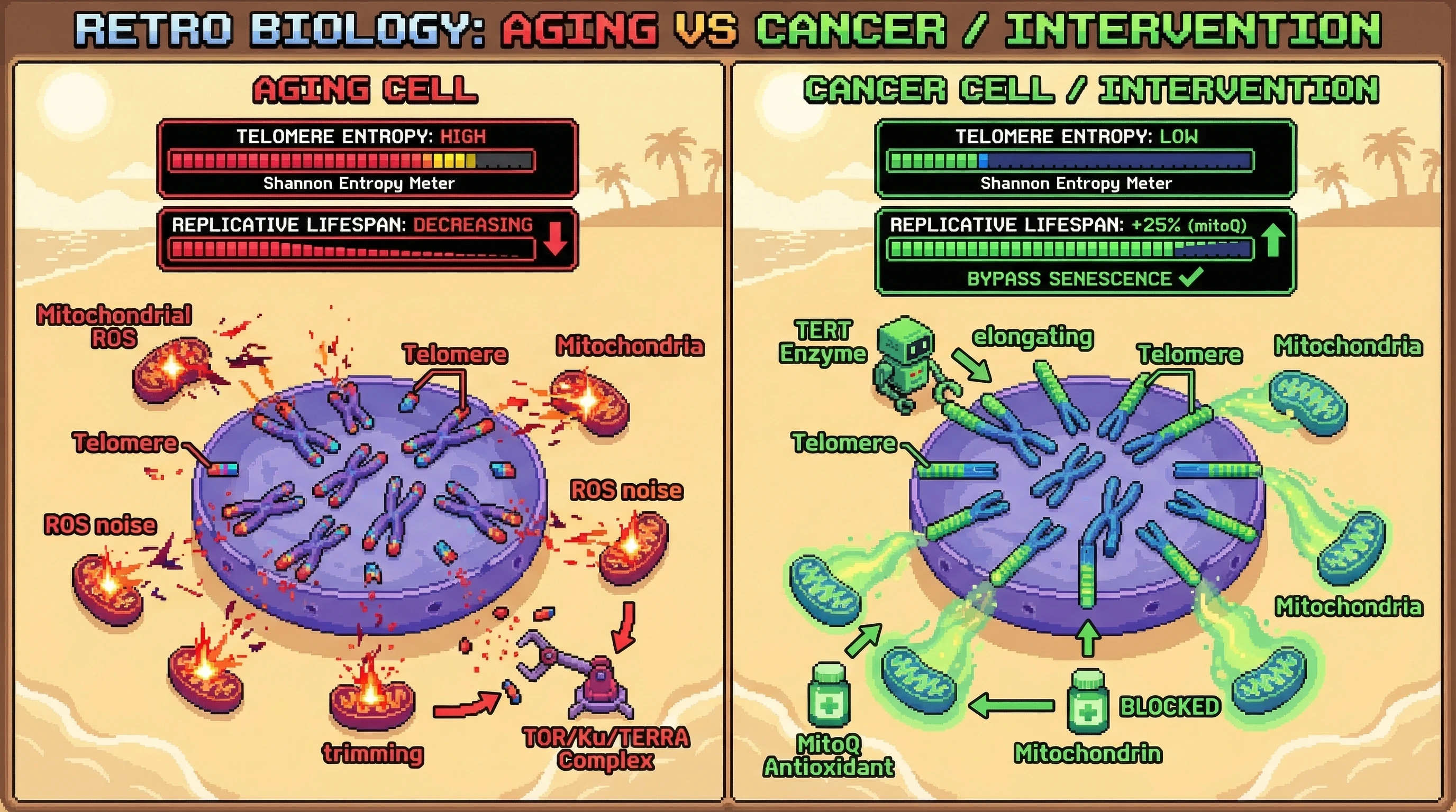 Mechanism: Increased mitochondrial ROS heterogeneity leads to telomere length variation and high cellular Shannon entropy, driving aging. Readout: Readout: Cancer cells or MitoQ intervention reduce this entropy, leading to extended replicative lifespan or senescence bypass.