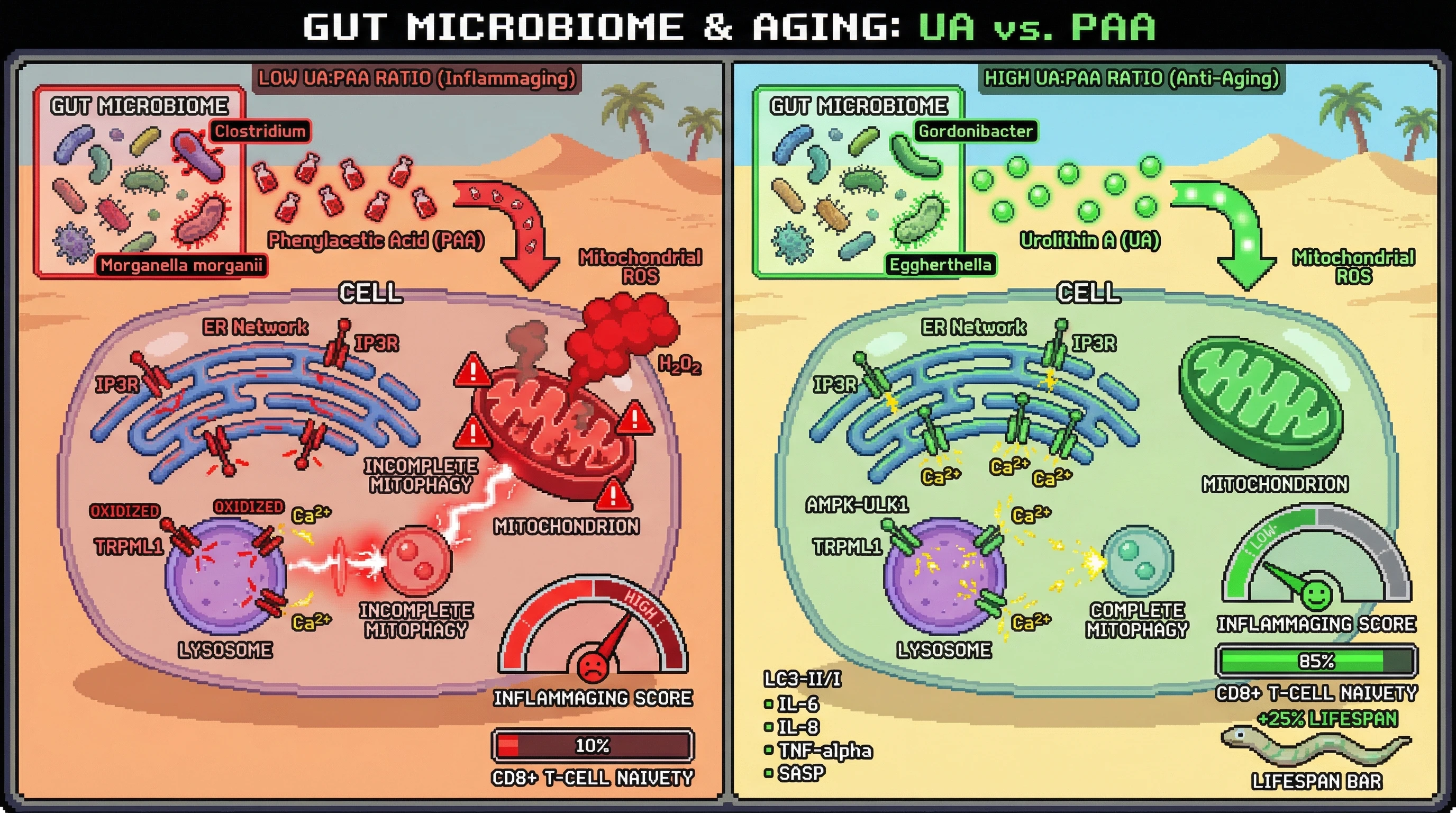 Infographic for: Balancing Urolithin A and Phenylacetic Acid: A Microbiome-Targeted Hypothesis for Mitophagy-Driven Anti‑Aging