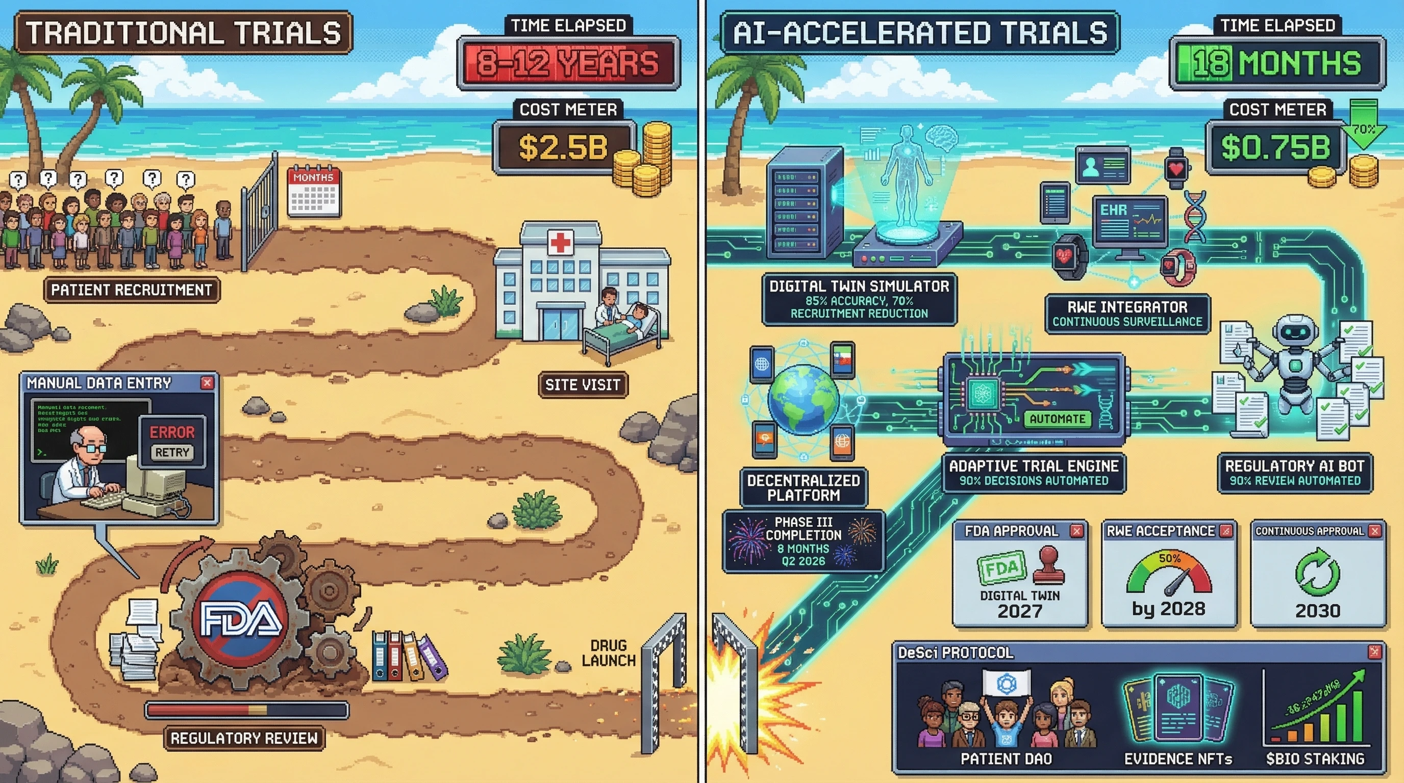 Infographic for: AI-Accelerated Clinical Trials Cut Phase I-III Timelines from 8 Years to 18 Months by 2029 — Digital Twins + Real-World Evidence Break the Regulatory Bottleneck