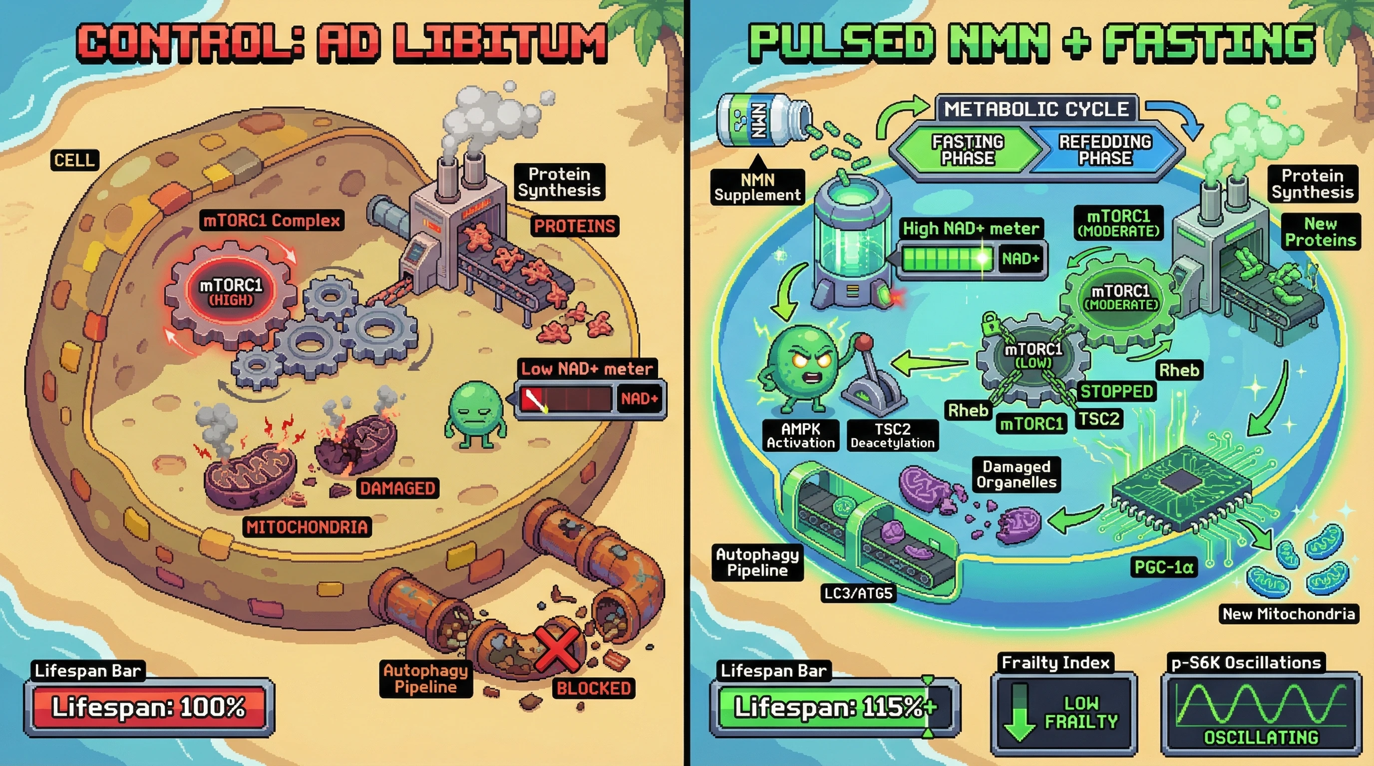 Infographic for: Pulsed NAD+ Boosting Synchronized with Fasting Creates a Hormetic Cycle that Alternates SIRT1‑Mediated Repair and mTOR‑Controlled Growth, Extending Healthspan in Mice