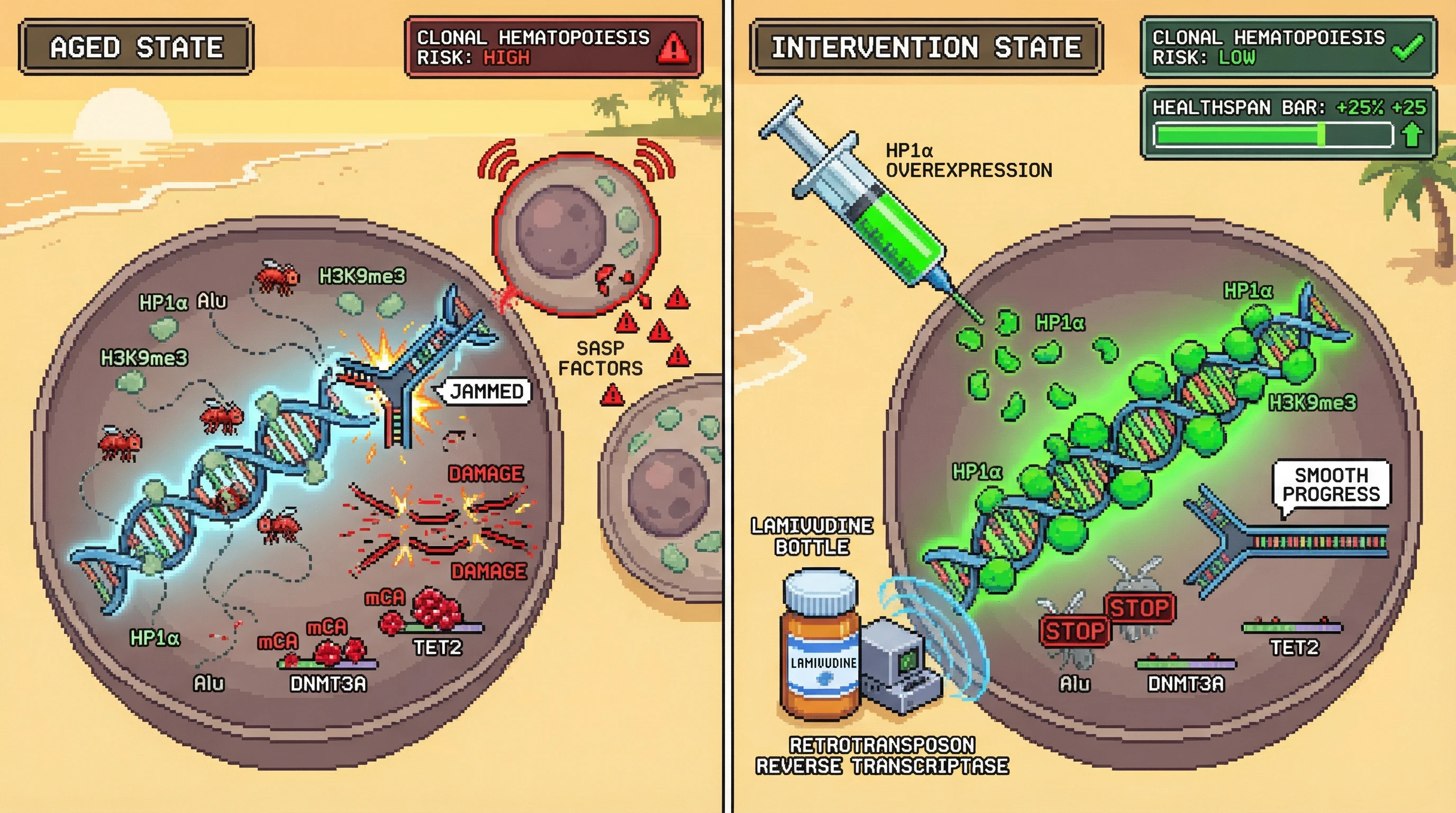 Mechanism: Heterochromatin erosion in aged cells de-represses retrotransposons and leads to somatic mutations like mCAs. Readout: Readout: HP1α overexpression or retrotransposon inhibition reduces mCAs, lowers clonal hematopoiesis risk, and increases healthspan.